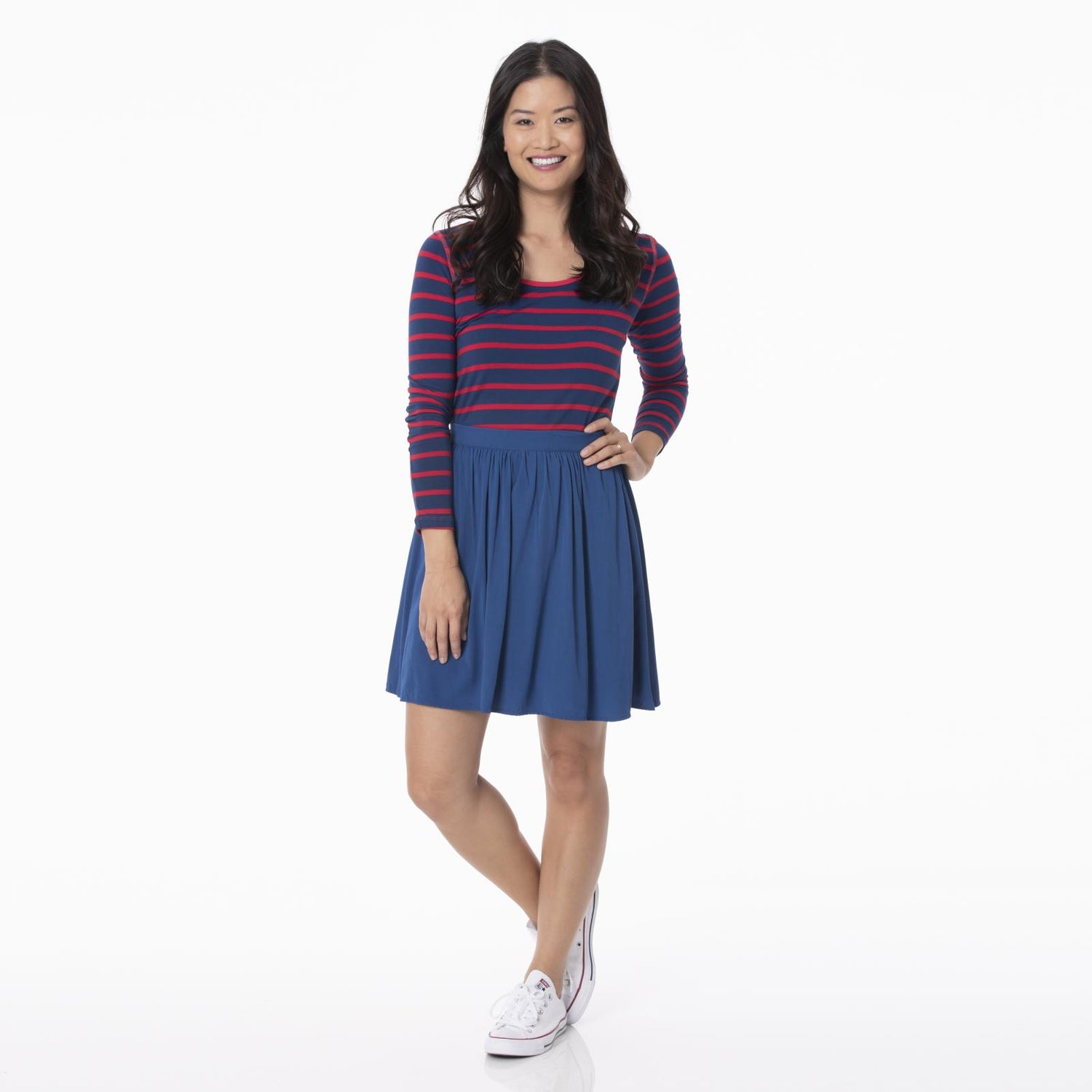 Print Long Sleeve Scoop Neck Tee in Everyday Heroes Navy Stripe