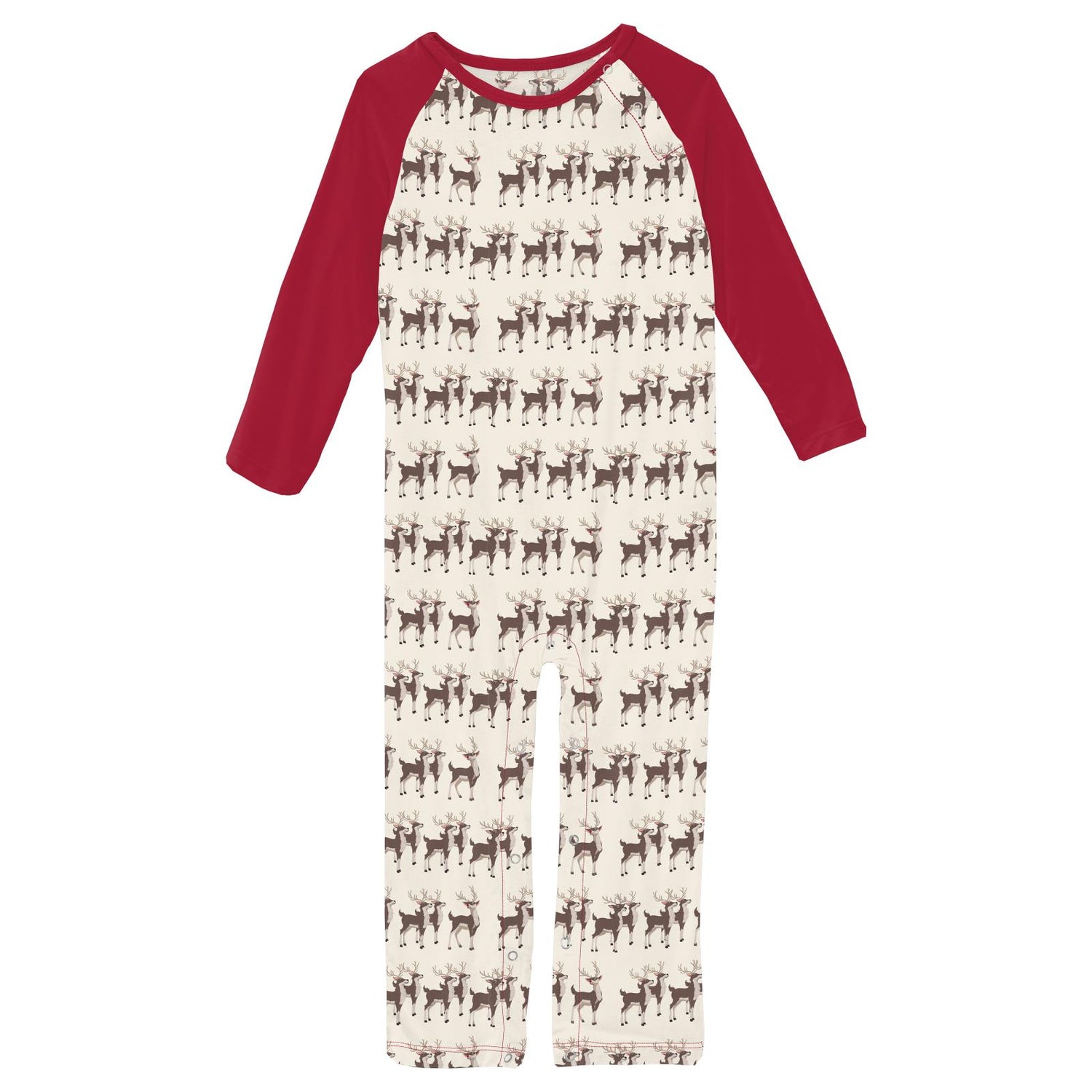 Print Long Sleeve Raglan Romper in Natural Rudolph
