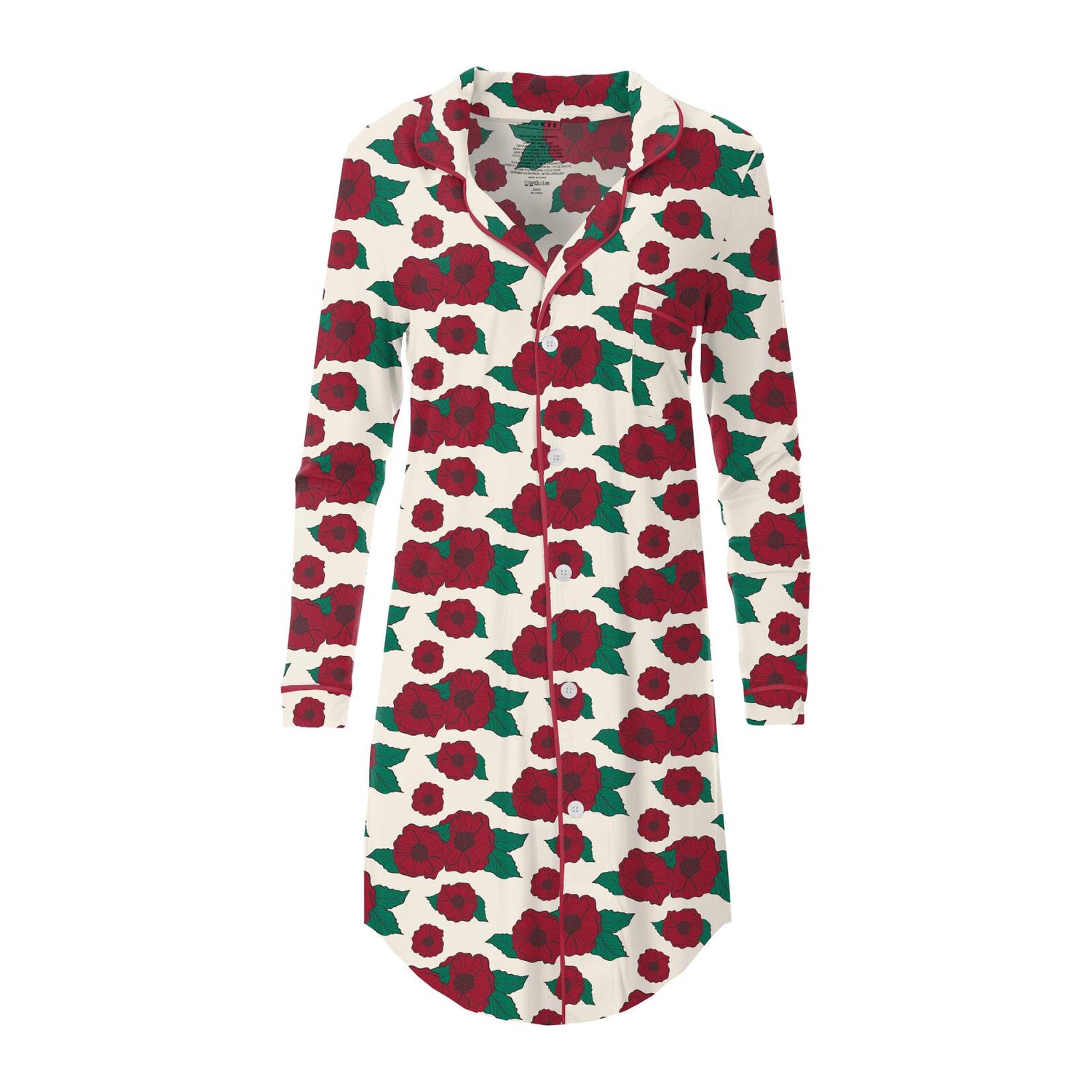 Women's Print Long Sleeve Button Down Nightshirt in Holiday Poppies