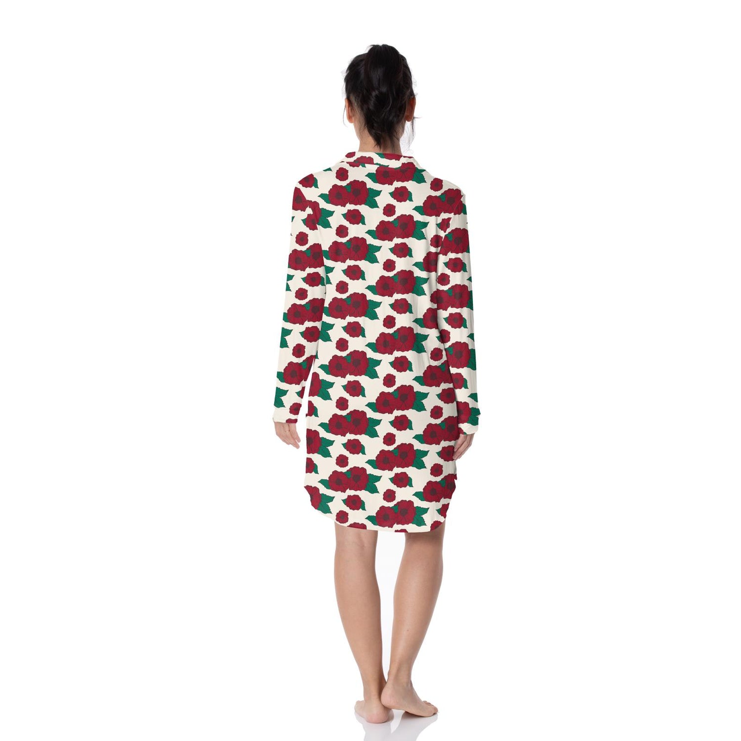 Women's Print Long Sleeve Button Down Nightshirt in Holiday Poppies