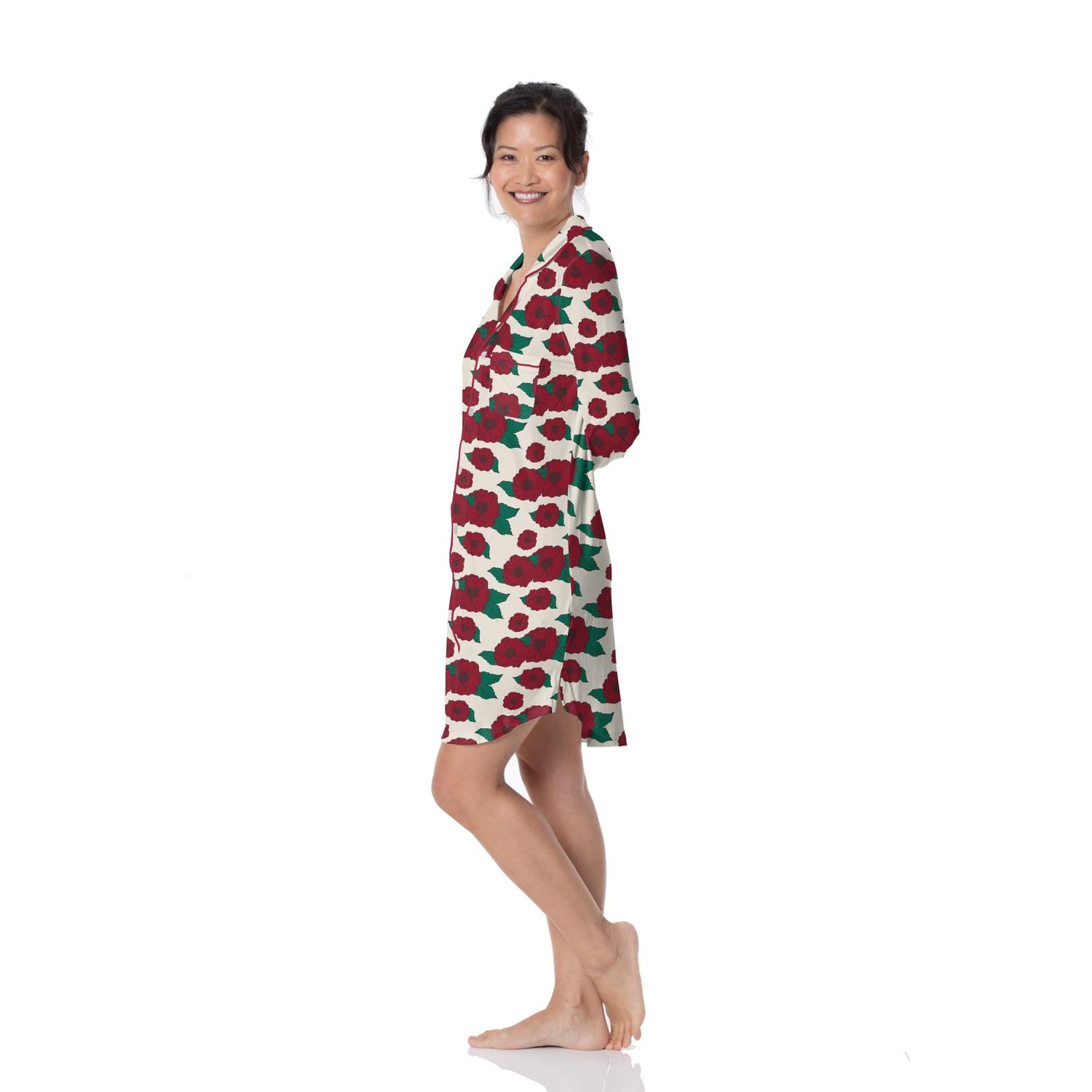 Women's Print Long Sleeve Button Down Nightshirt in Holiday Poppies
