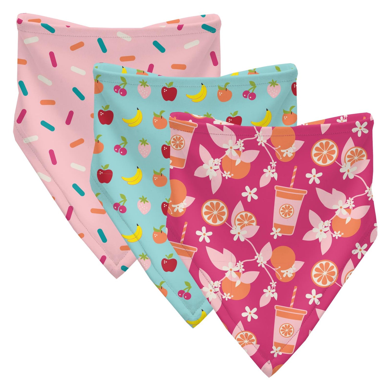 Print Bandana Bib Set of 3 in Lotus Sprinkles, Summer Sky Mini Fruit & Calypso Orange Cream (249670)