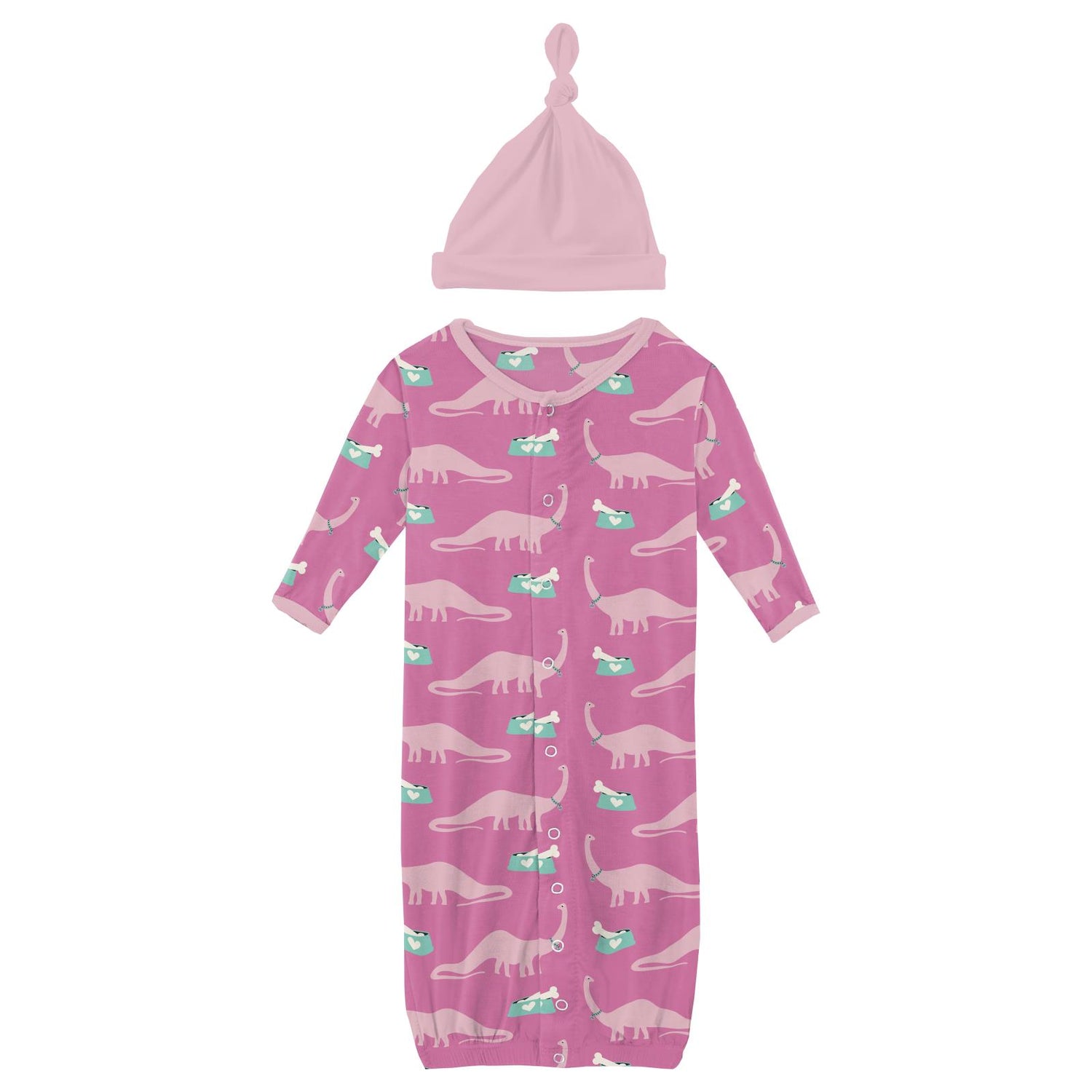 Print Layette Gown Converter & Single Knot Hat Set in Tulip Pet Dino