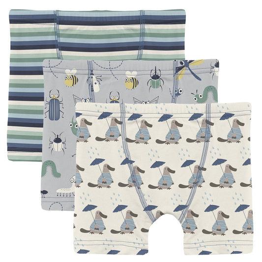Print Boxer Brief Set of 3 in Dove Bugs, Denim Stripe & Natural Rainy Day Platypus (362353)