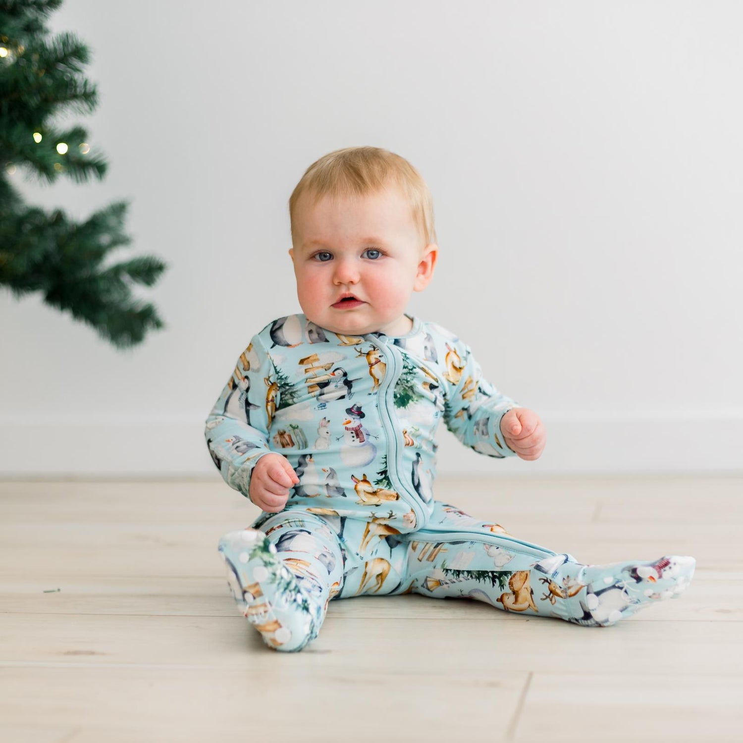 Print Footie with 2 Way Zipper in Spring Sky Winter Woodland (344853)