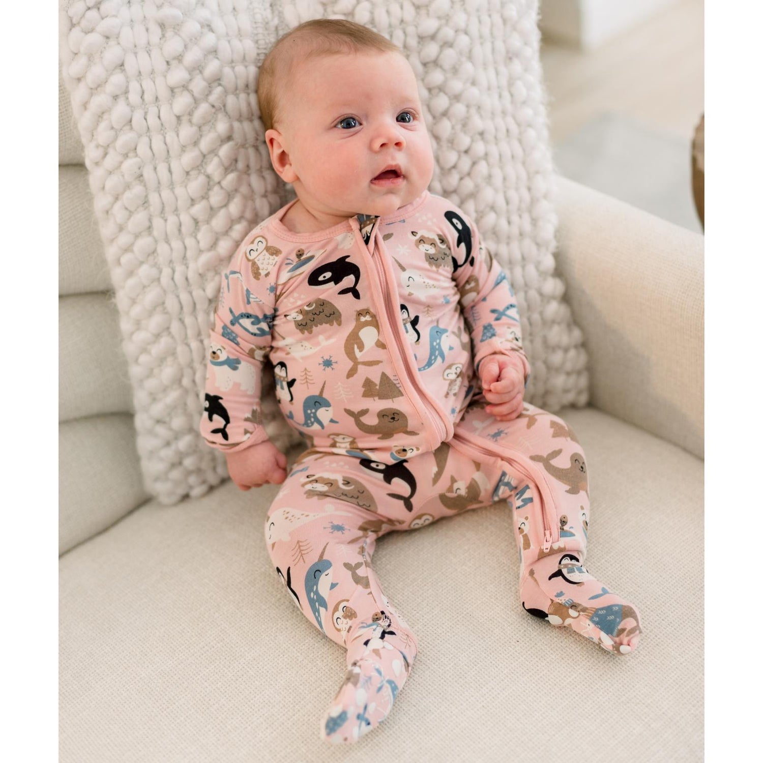 Print Footie with 2 Way Zipper in Baby Rose Arctic Animals (344940)