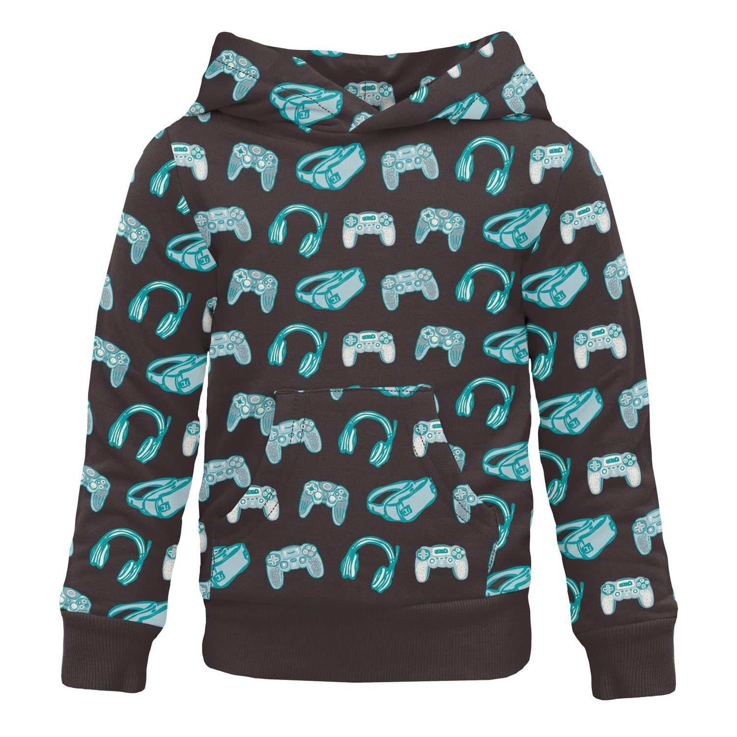 Print Fleece Kangaroo Pocket Pullover in Midnight Gamer (351165)