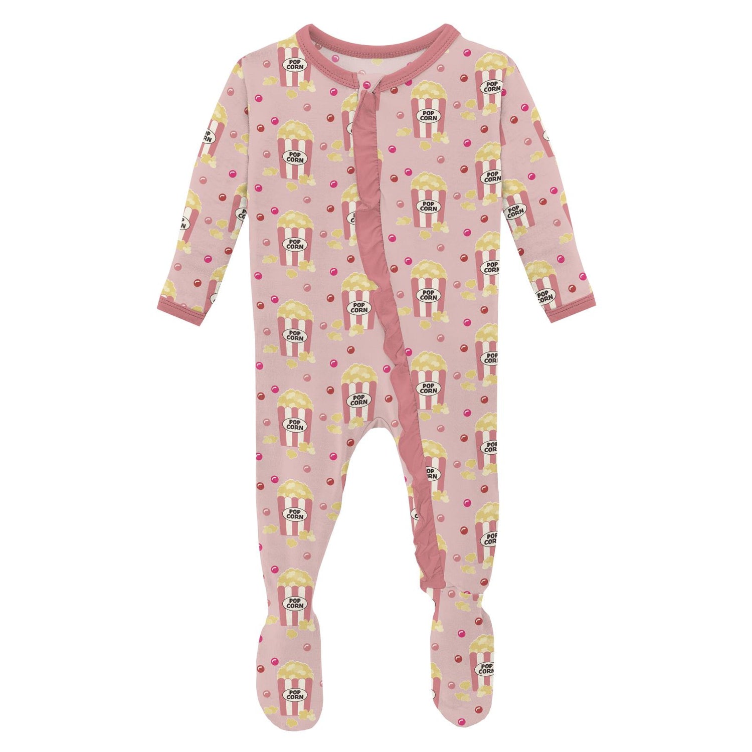 Print Layette Ruffle Footie with 2 Way Zipper in Baby Rose Movie Night (350862)