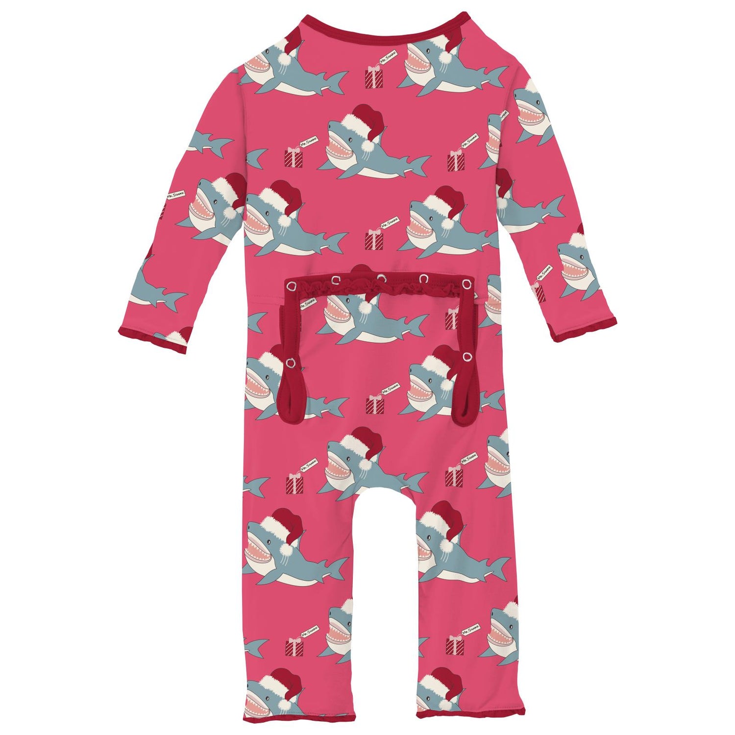 Print Muffin Ruffle Coverall with 2 Way Zipper in Winter Rose Holiday Sharks