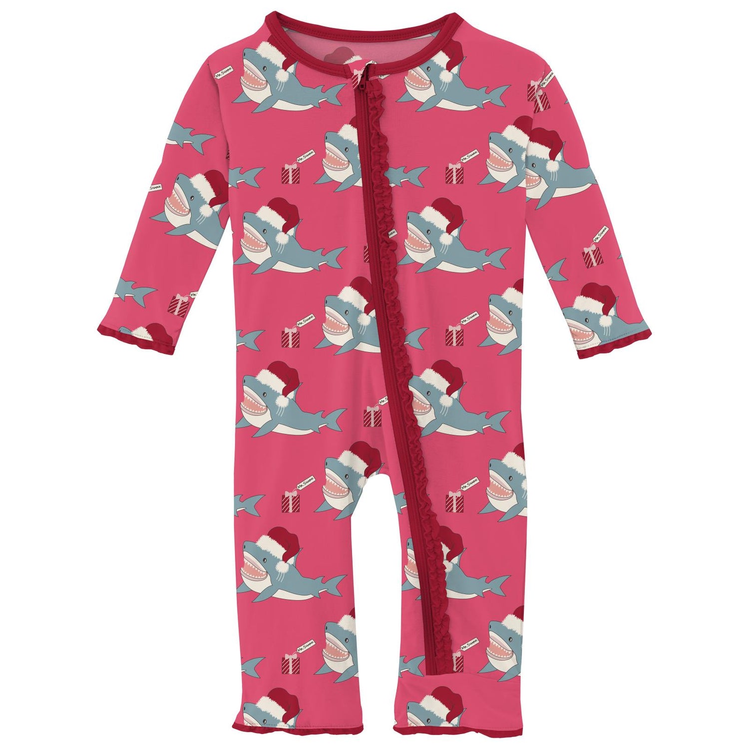 Print Muffin Ruffle Coverall with 2 Way Zipper in Winter Rose Holiday Sharks