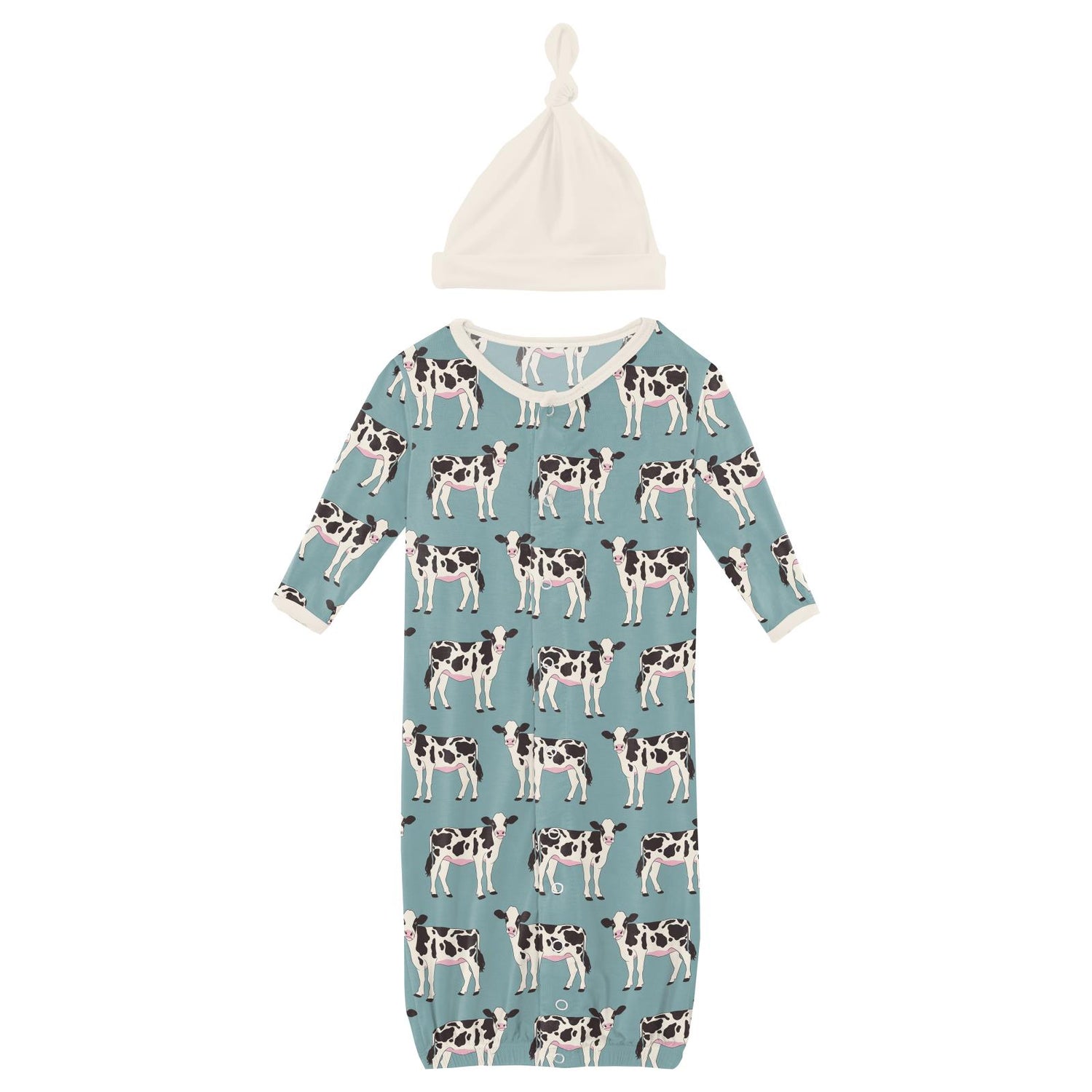 Print Layette Gown Converter & Single Knot Hat Set in Jade Cows (312545)