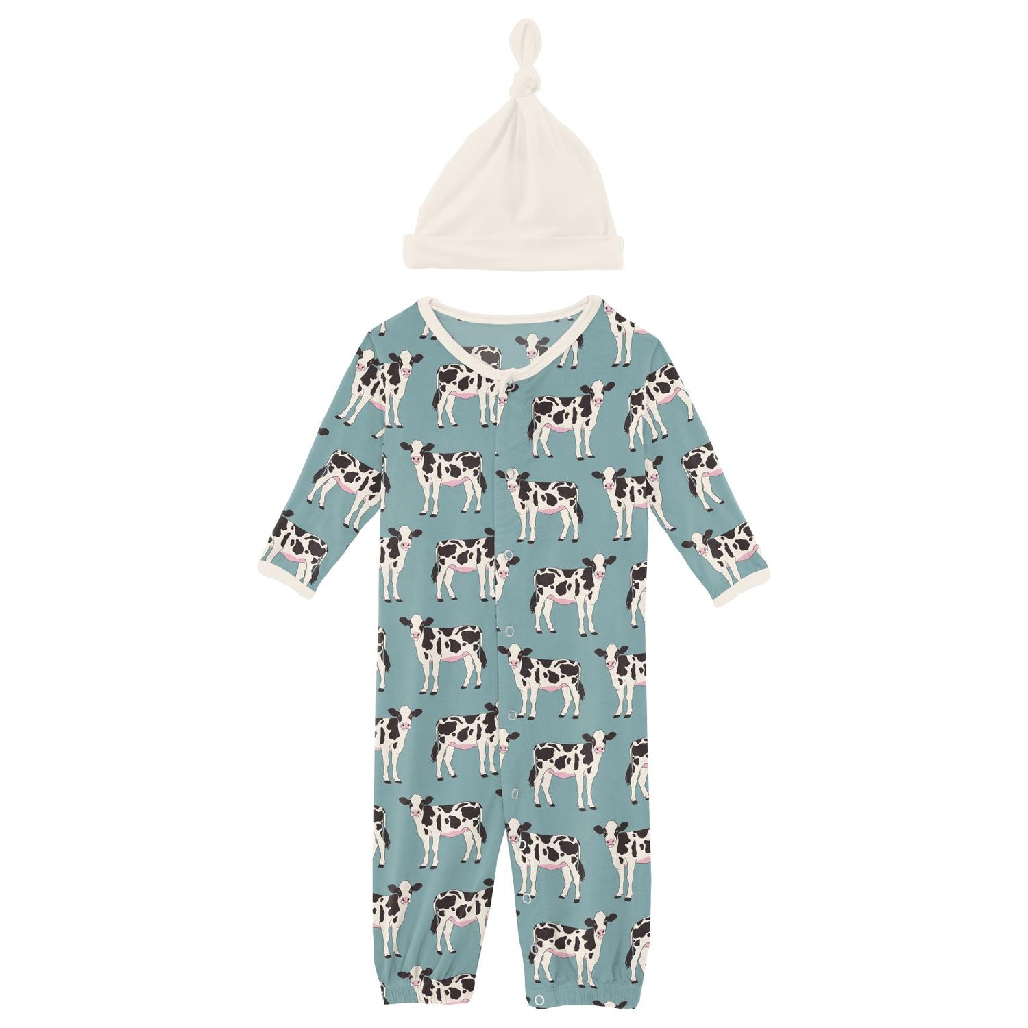 Print Layette Gown Converter & Single Knot Hat Set in Jade Cows (312608)