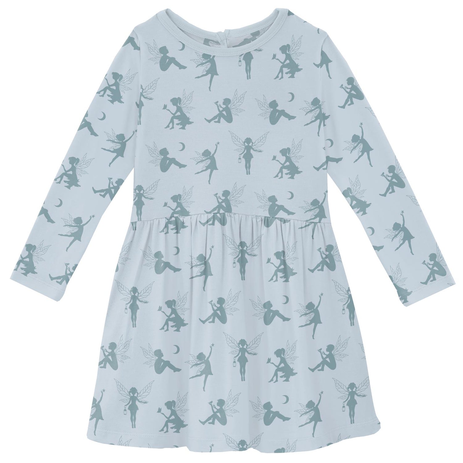 Print Long Sleeve Twirl Dress with Pockets in Illusion Blue Forest Fairies