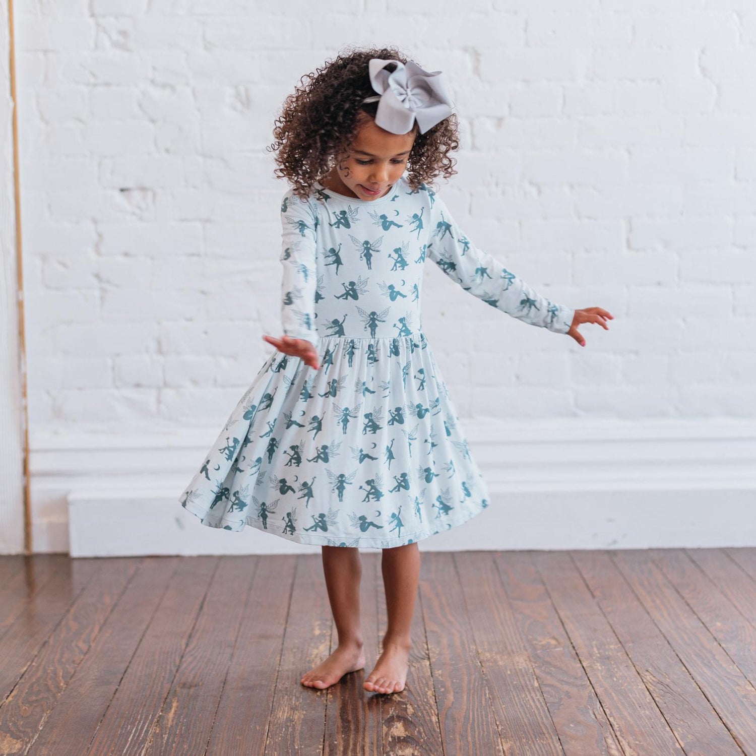 Print Long Sleeve Twirl Dress with Pockets in Illusion Blue Forest Fairies