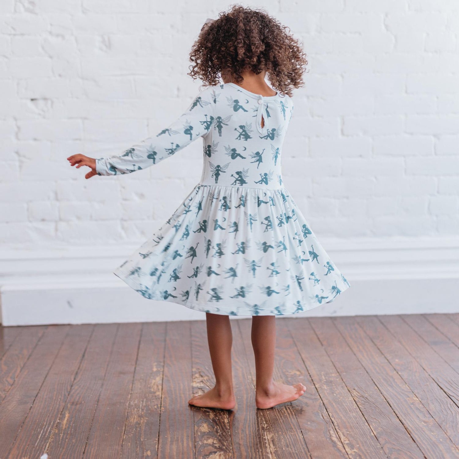 Print Long Sleeve Twirl Dress with Pockets in Illusion Blue Forest Fairies