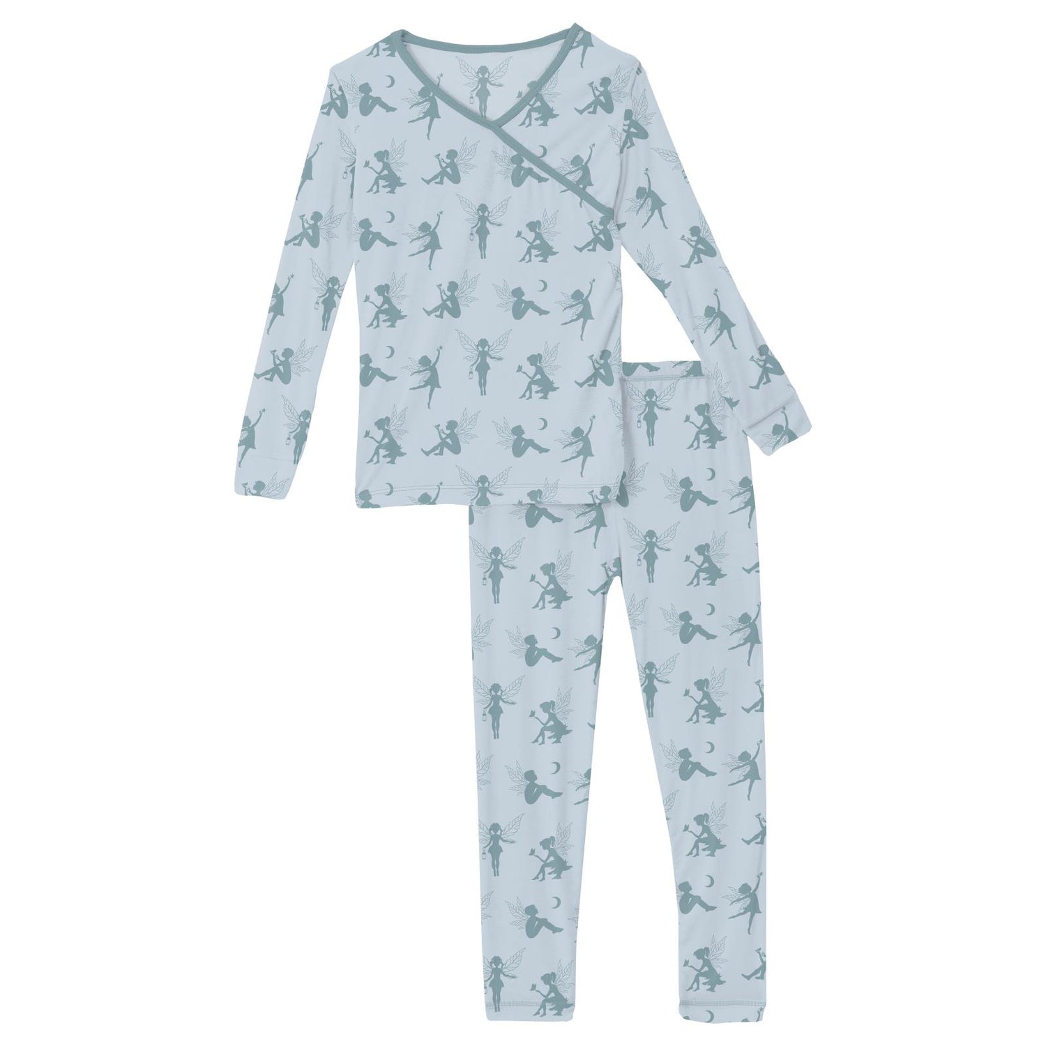 Print Long Sleeve Kimono Pajama Set in Illusion Blue Forest Fairies