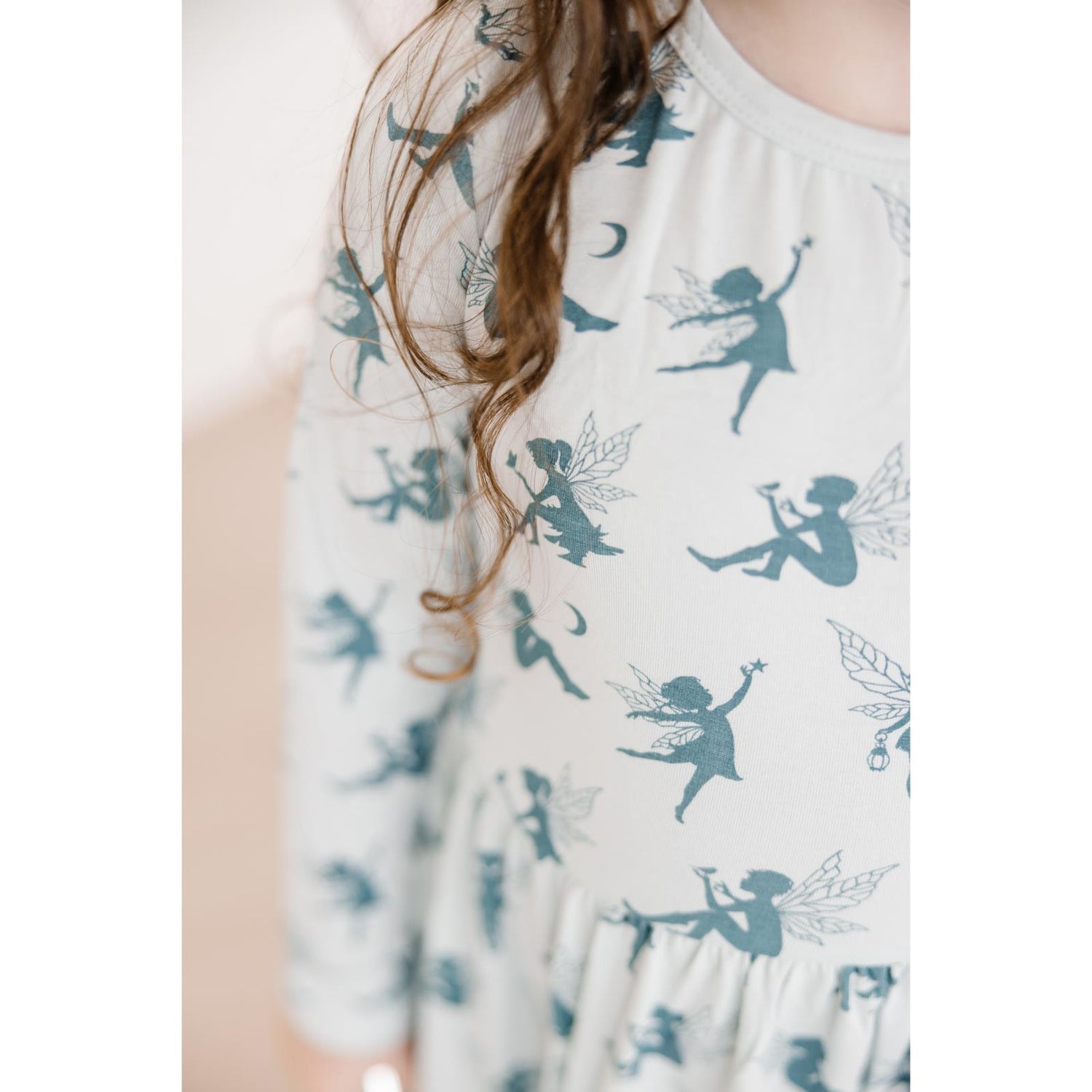 Print Long Sleeve Twirl Dress with Pockets in Illusion Blue Forest Fairies