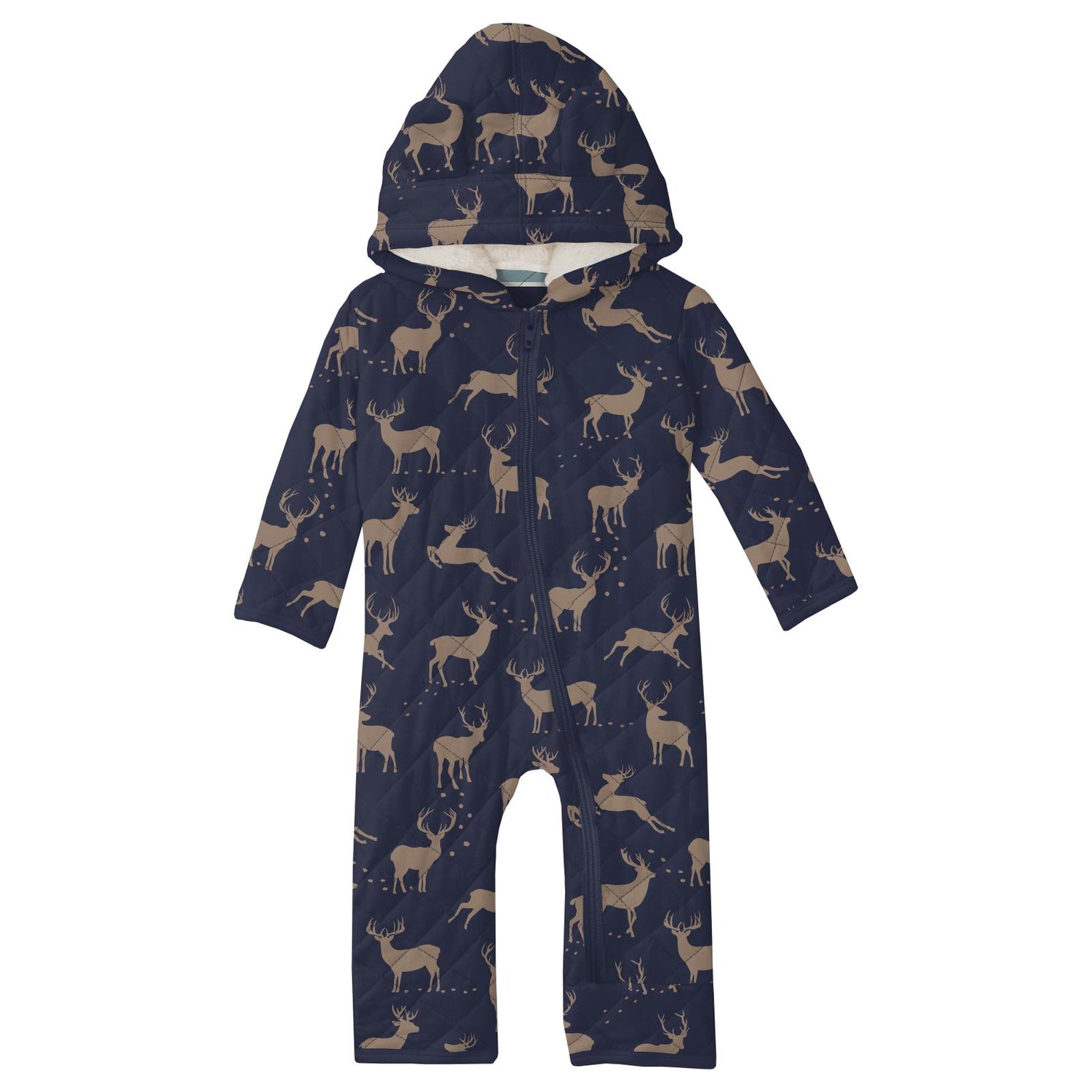 Print Quilted Hoodie Coverall with Sherpa-Lined Hood and Zipper in Peacoat Elk/Fall Vibes Stripe (346153)