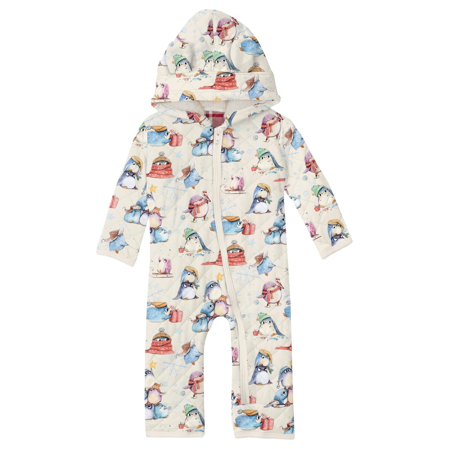 Print Quilted Hoodie Coverall with Sherpa-Lined Hood and Zipper in Natural Silly Penguins/Fireside Plaid (345994)