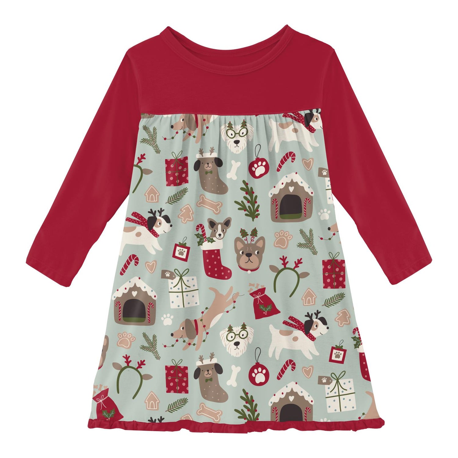 Print Long Sleeve Swing Dress in Aloe Christmas Dogs (346009)