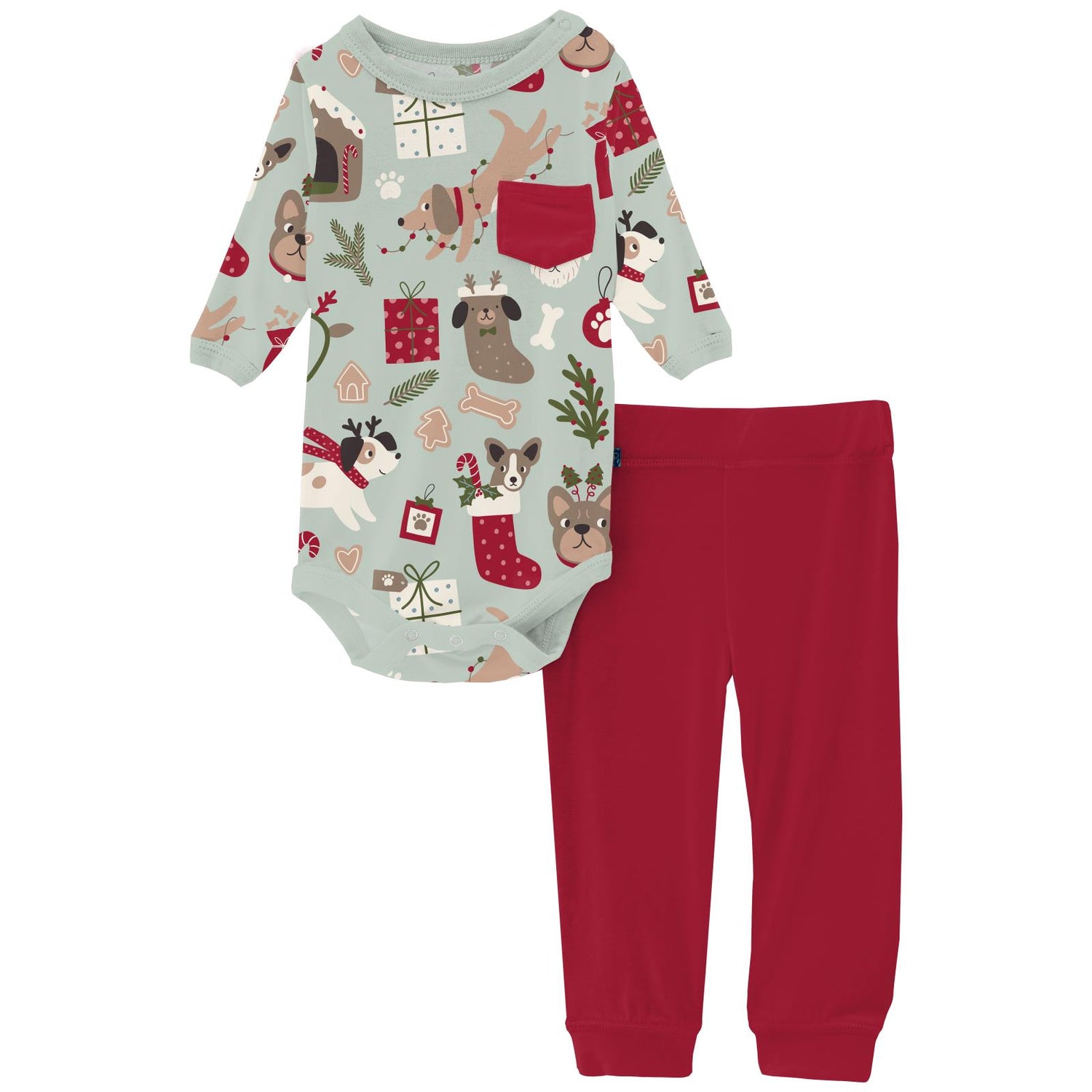 Print Long Sleeve Pocket One Piece & Pants Outfit Set in Aloe Christmas Dogs (346018)
