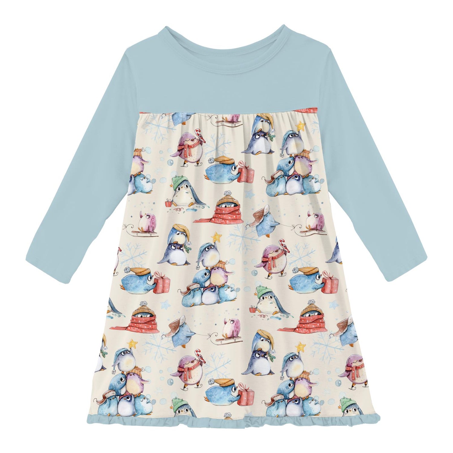 Print Long Sleeve Swing Dress in Natural Silly Penguins (346082)