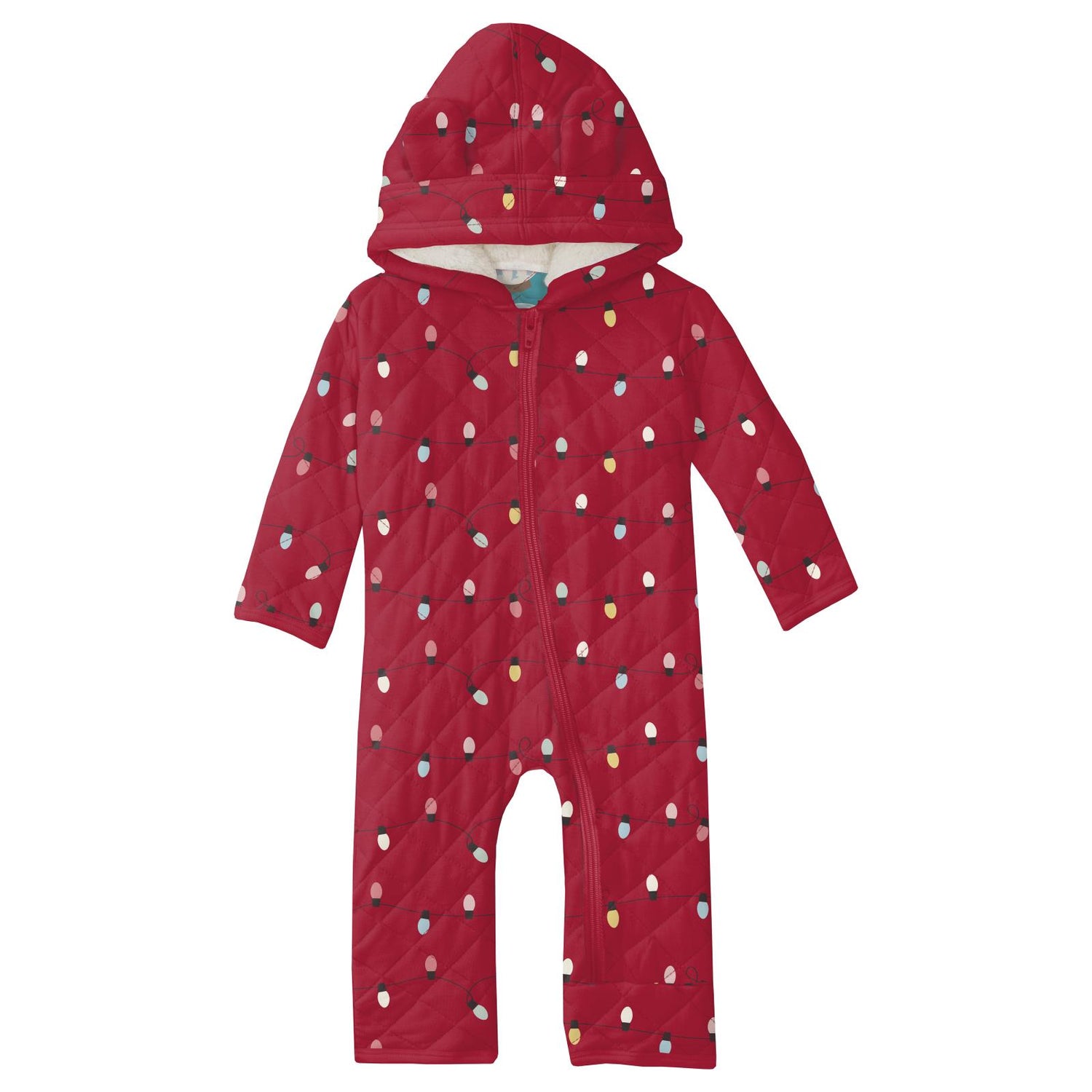 Print Quilted Hoodie Coverall with Sherpa-Lined Hood and Zipper in Crimson Holiday Lights/Glacier Snow Globes (346156)