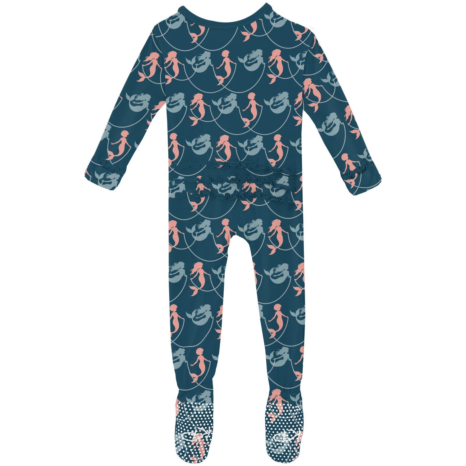 Print Muffin Ruffle Footie with 2 Way Zipper in Peacock Mermaids & Pearls