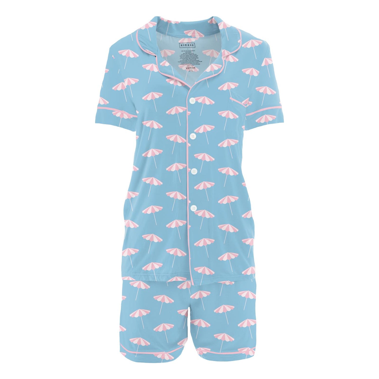 Women's Print Short Sleeve Collared Pajama Set with Shorts in Seaside Blue Beach Umbrellas (328287)