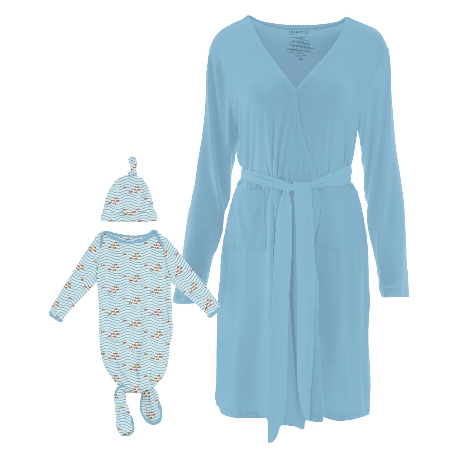 Women's Print Mid-Length Lounge Robe & Knotted Layette Gown Set in Fresh Air Little Fishy (328408)