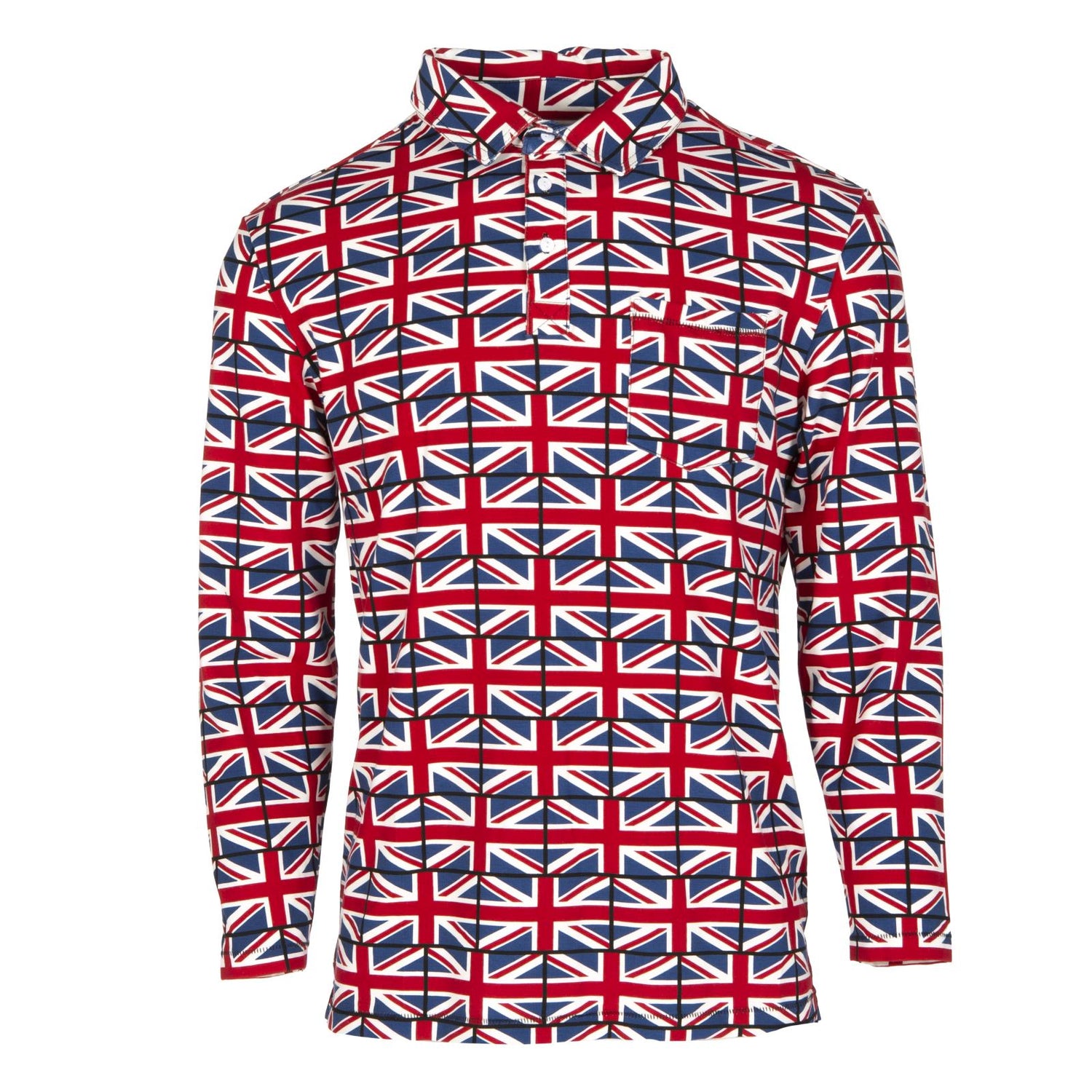 Men's Print Long Sleeve Luxe Jersey Polo with Pocket in Union Jack