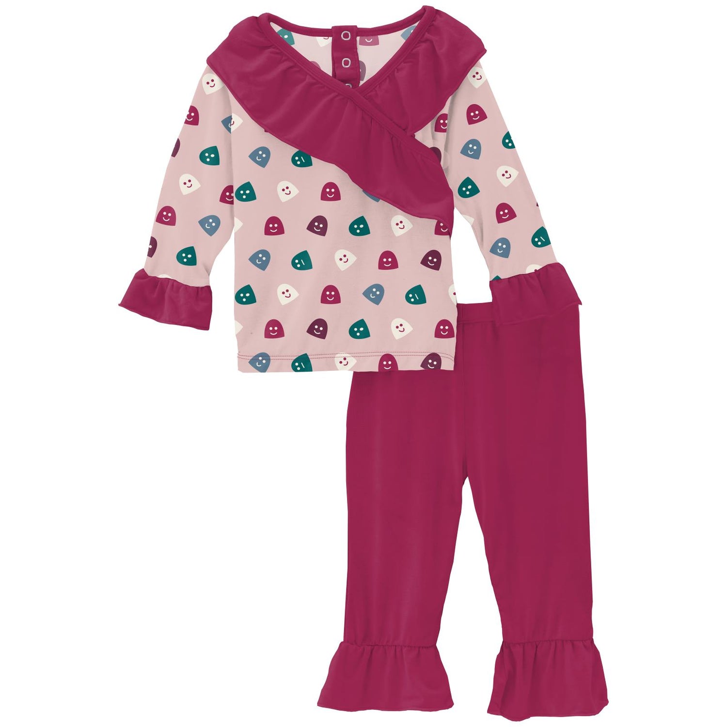 Print Long Sleeve Kimono Ruffle Outfit Set in Baby Rose Happy Gumdrops (252868)