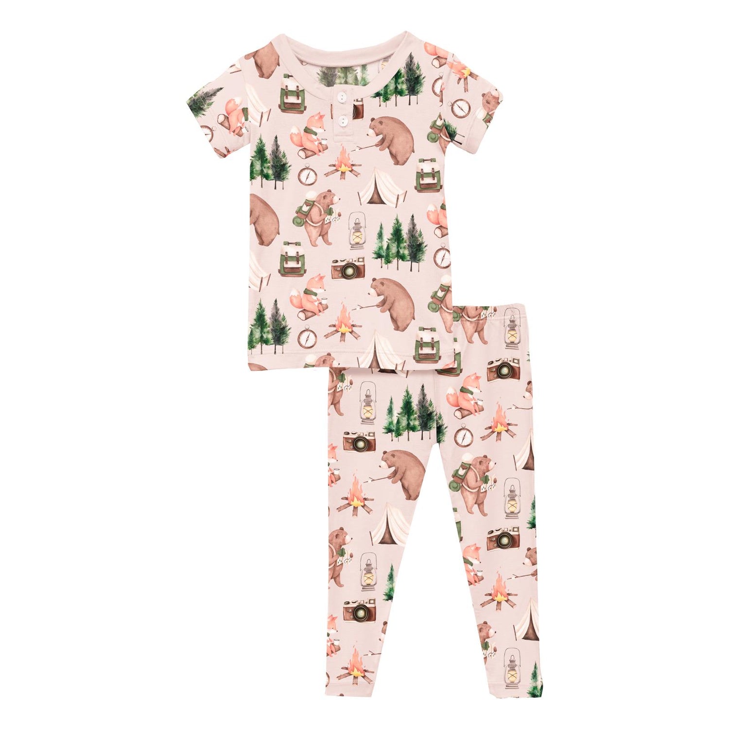 Print Short Sleeve Henley Pajama Set in Latte Camping Animals (360125)