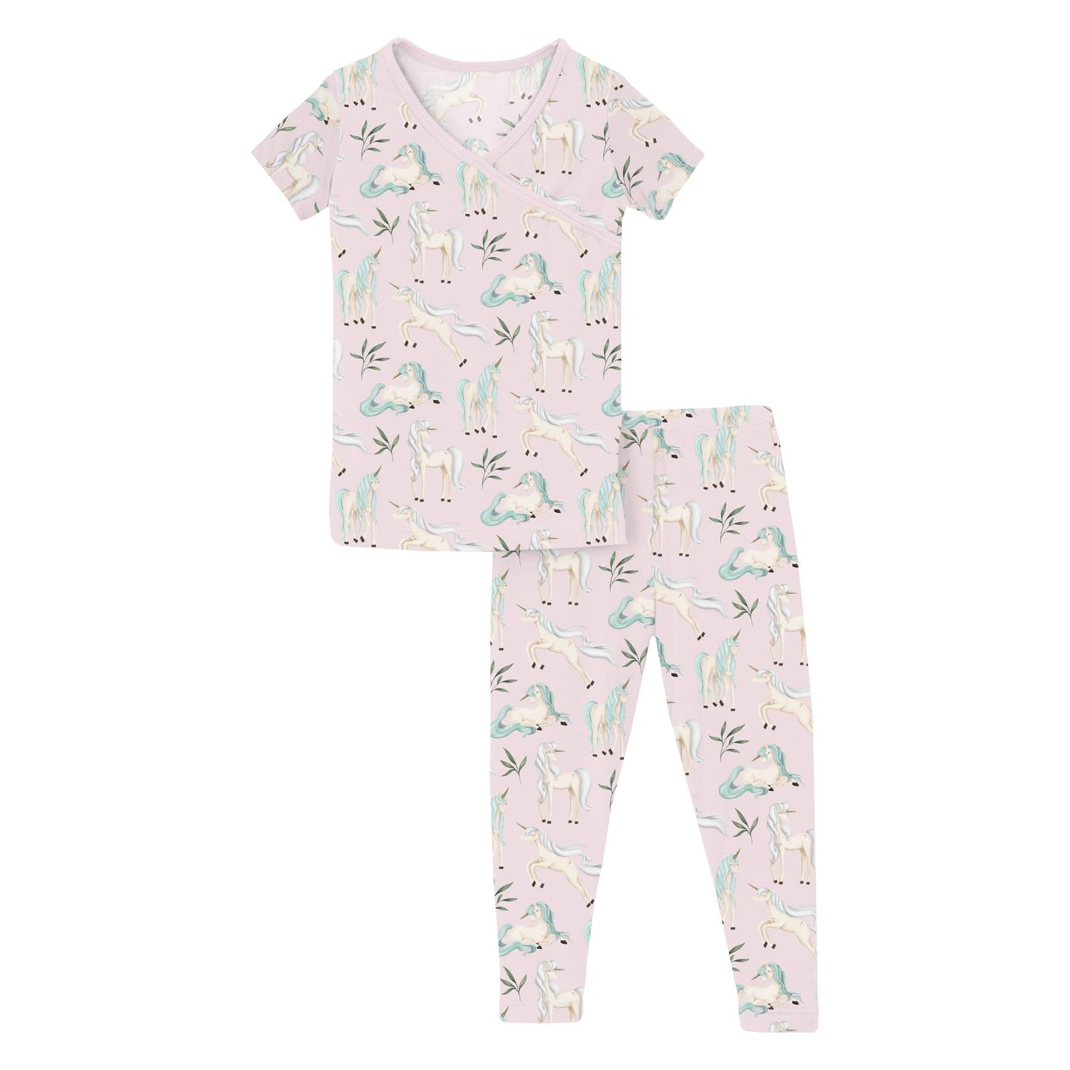 Print Short Sleeve Kimono Pajama Set in Shrinking Violet Sleeping Unicorns (360154)