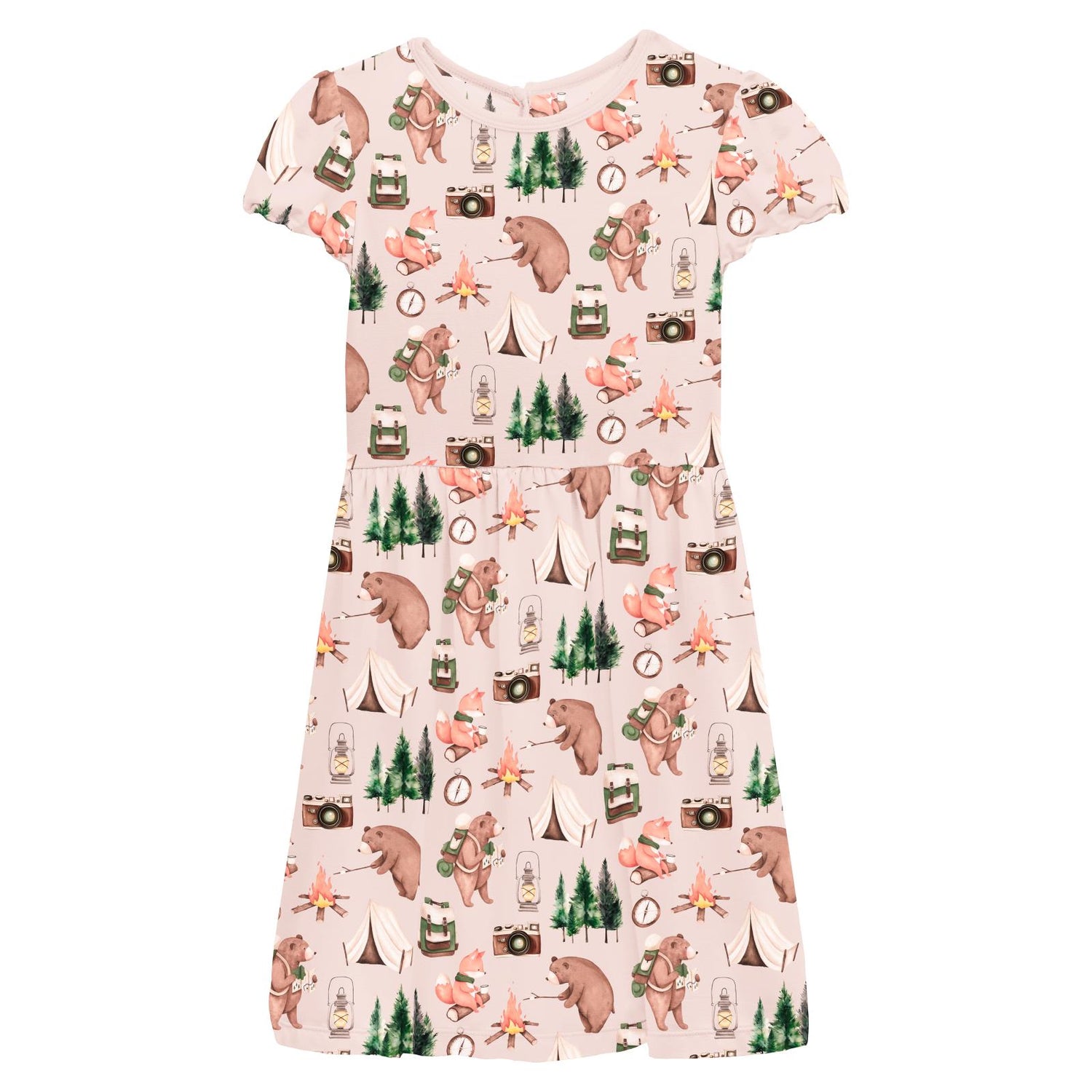 Print Flutter Sleeve Twirl Dress with Pockets in Latte Camping Animals (360161)