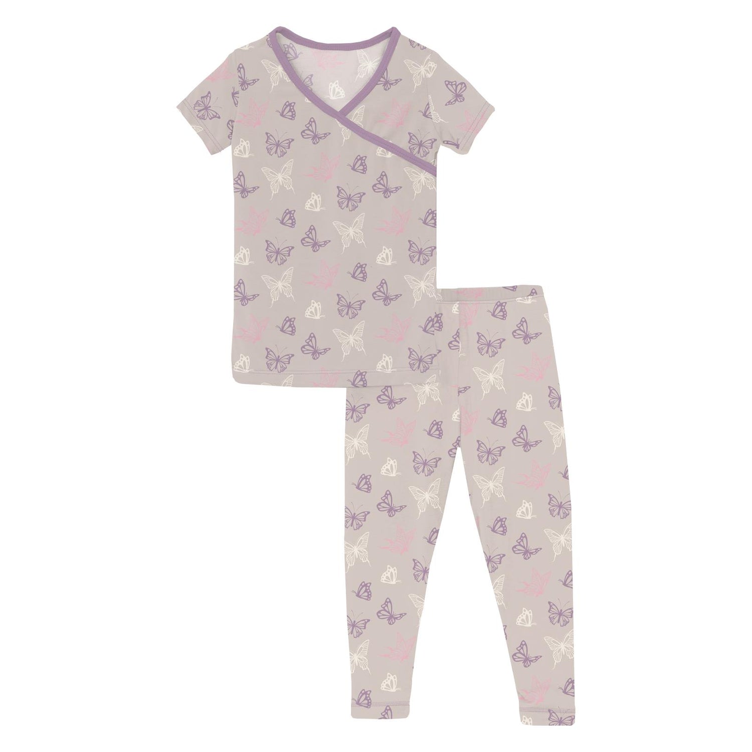 Print Short Sleeve Kimono Pajama Set in Latte Butterflies (360076)