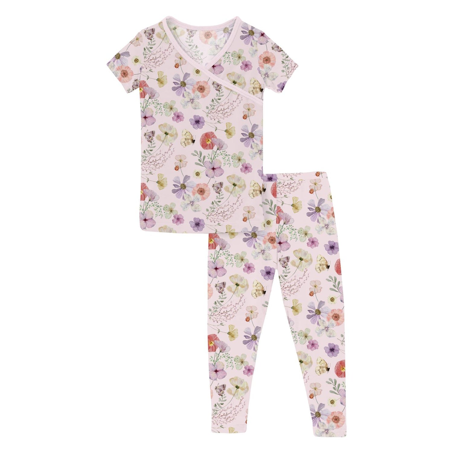 Print Short Sleeve Kimono Pajama Set in Shrinking Violet Pressed Flowers (360101)
