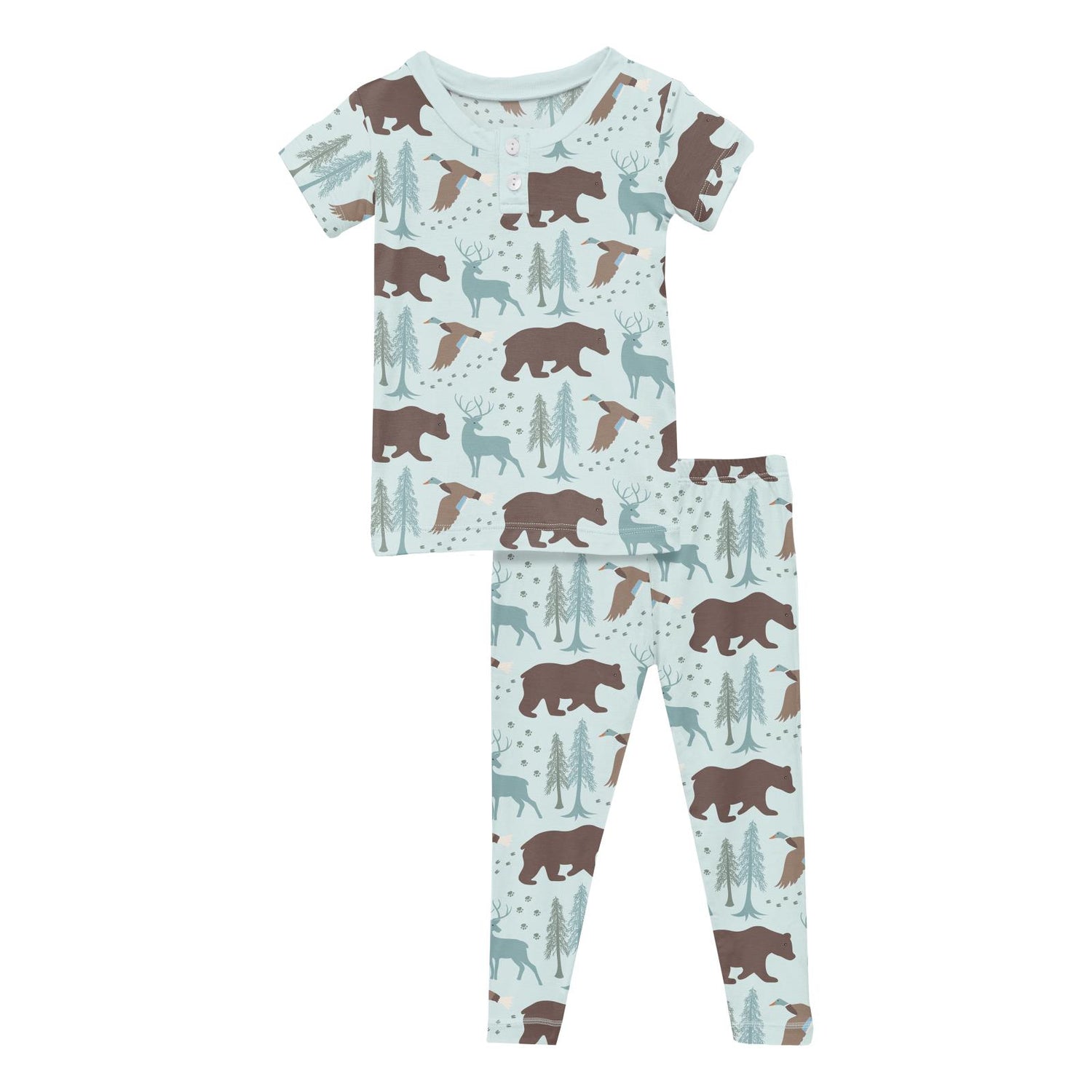 Print Short Sleeve Henley Pajama Set in Fresh Air Forest Adventure (360111)