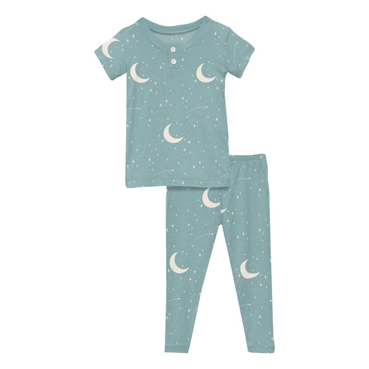 Print Short Sleeve Henley Pajama Set in Jade Starry Sky & Moon (360113)