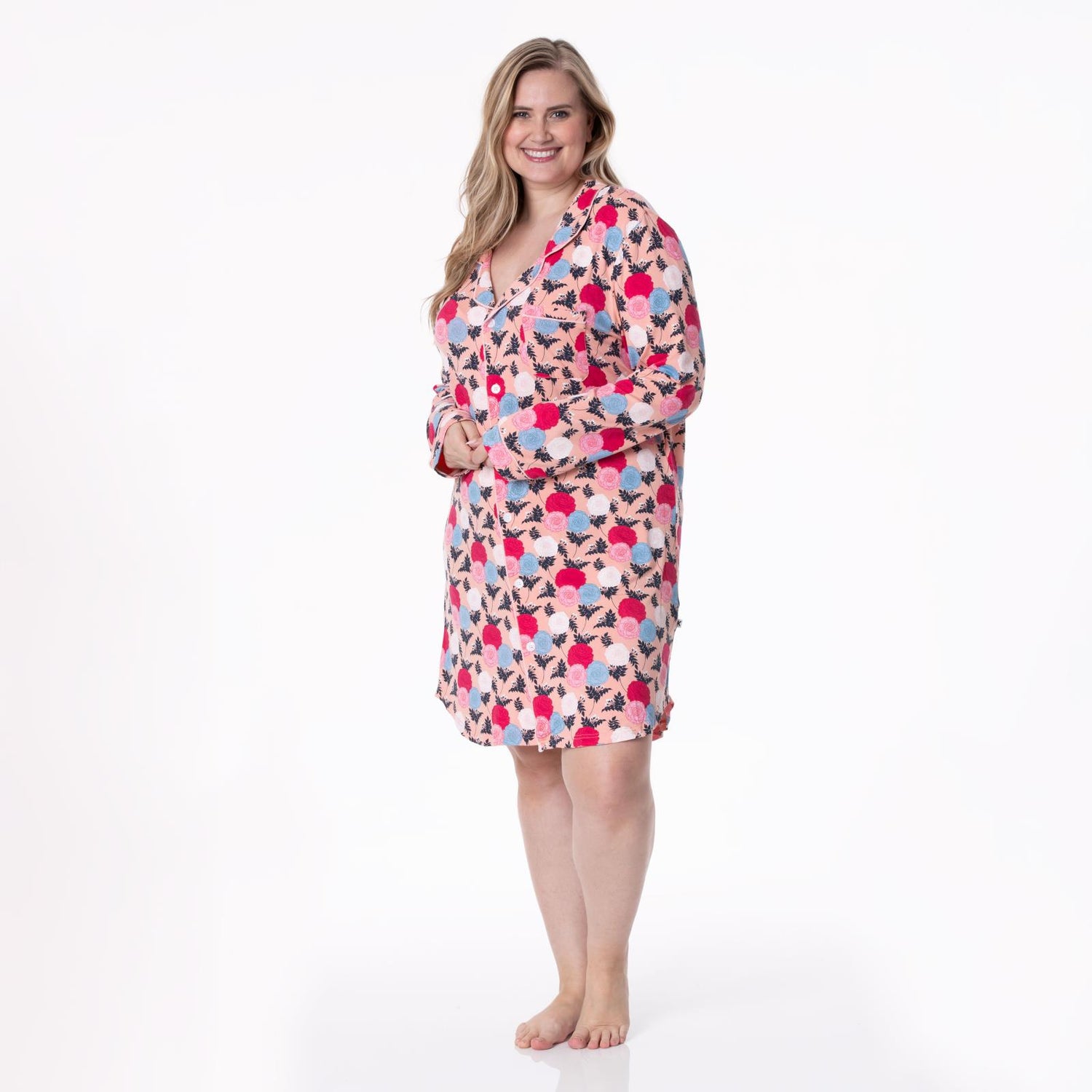 Women's Print Long Sleeve Button Down Nightshirt in Blush Enchanted Floral