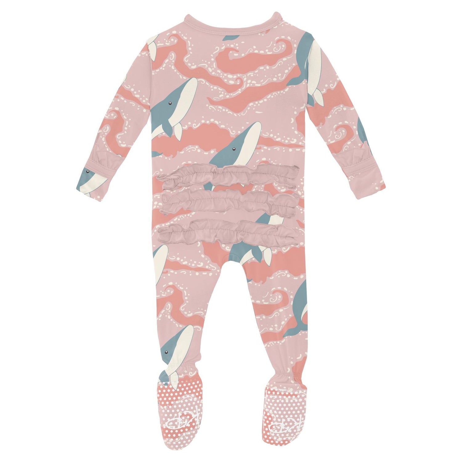 Print Classic Ruffle Footie with 2 Way Zipper in Baby Rose Splashing Whales
