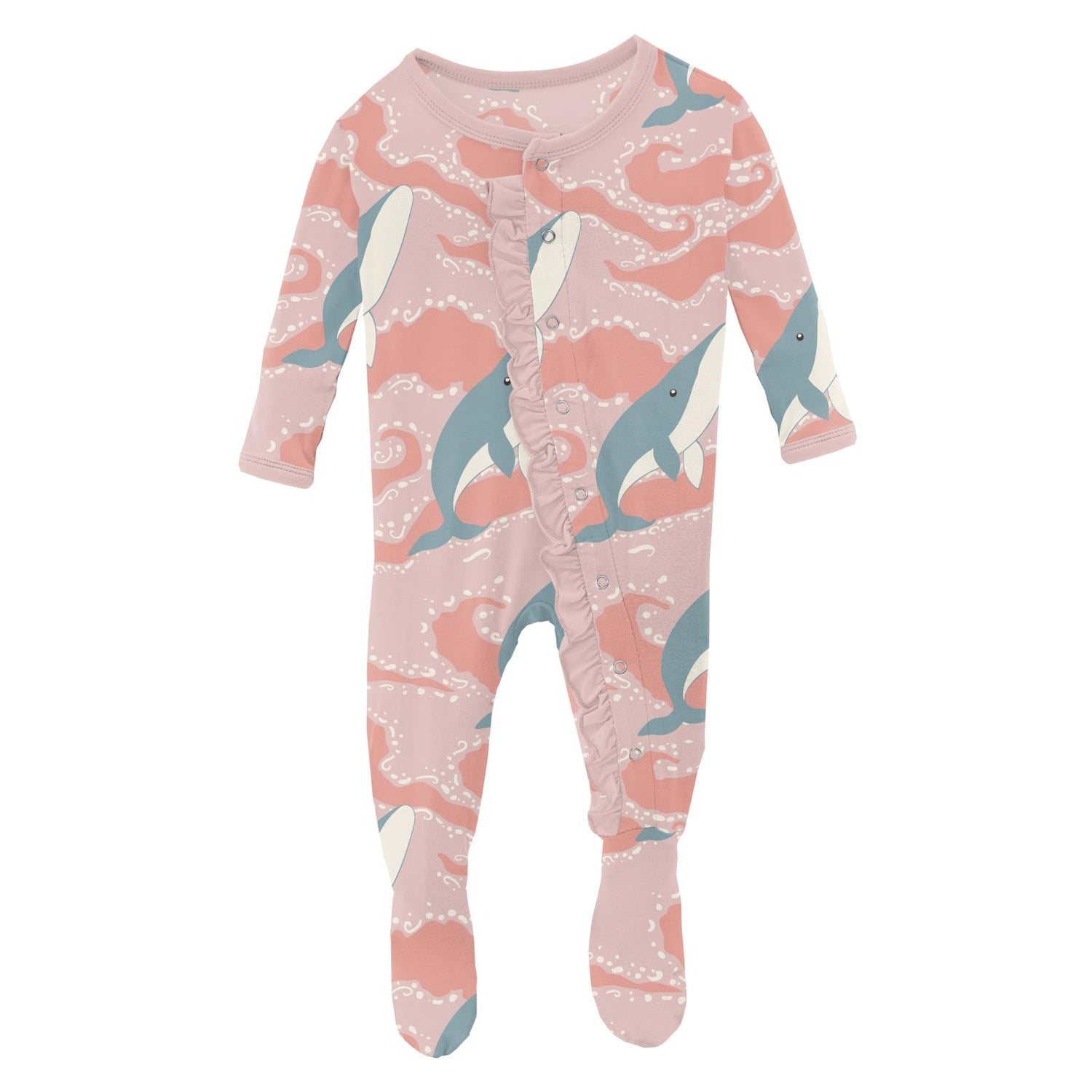 Print Classic Ruffle Footie with Snaps in Baby Rose Splashing Whales