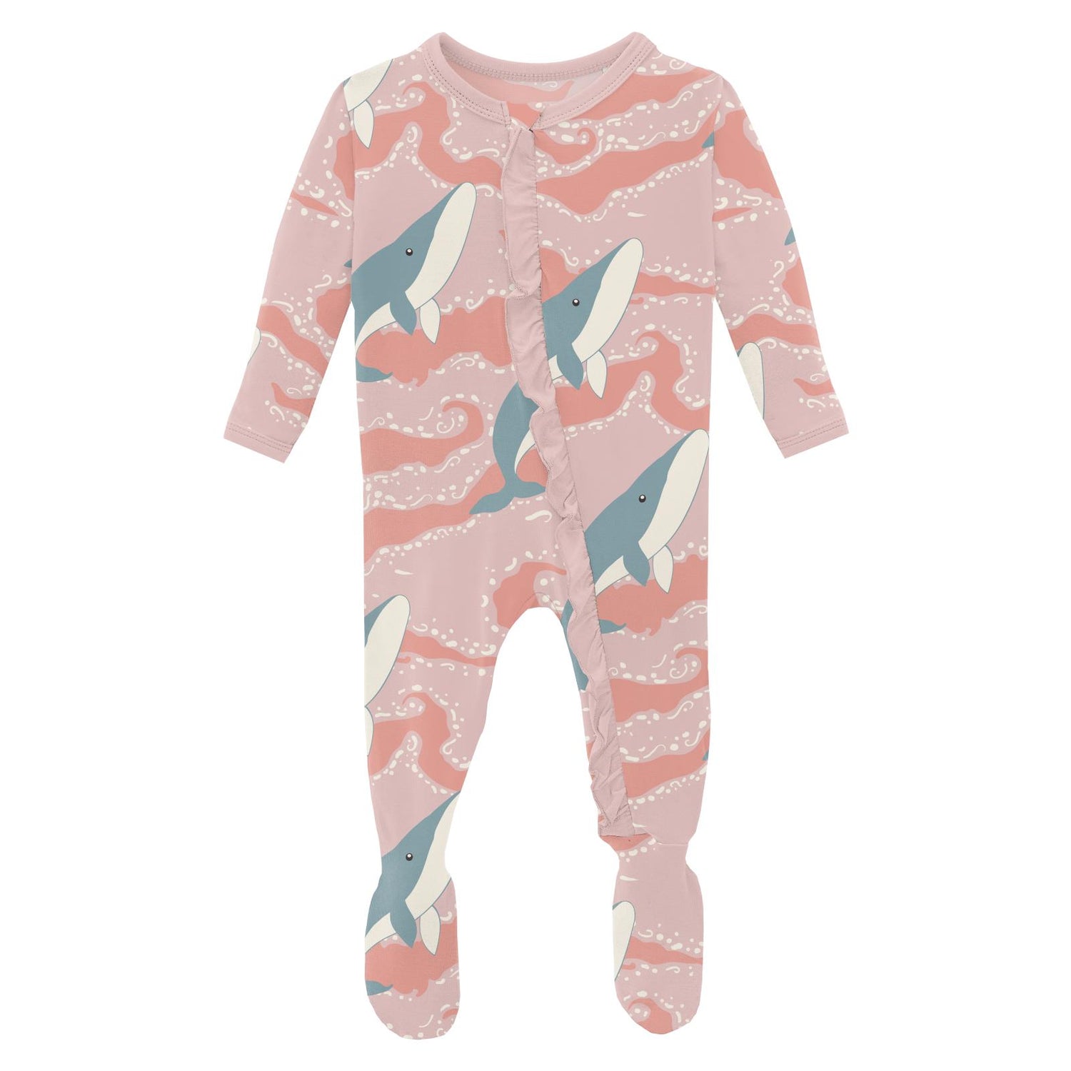 Print Classic Ruffle Footie with 2 Way Zipper in Baby Rose Splashing Whales