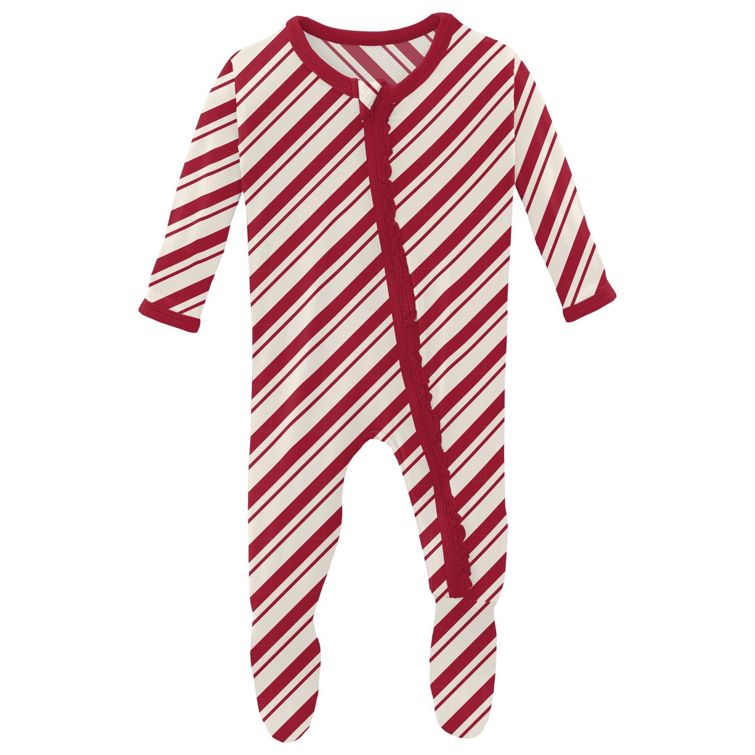 Print Muffin Ruffle Footie with 2 Way Zipper in Peppermint Stripe (345846)