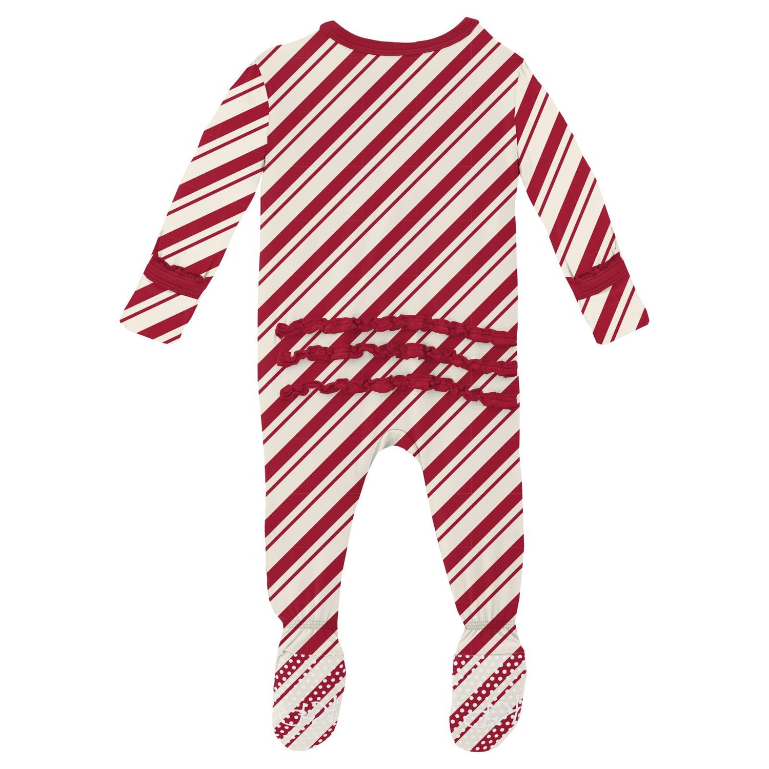 Print Muffin Ruffle Footie with 2 Way Zipper in Peppermint Stripe (345745)