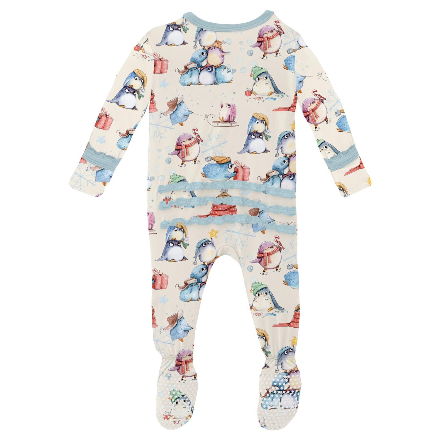 Print Muffin Ruffle Footie with 2 Way Zipper in Natural Silly Penguins (345776)
