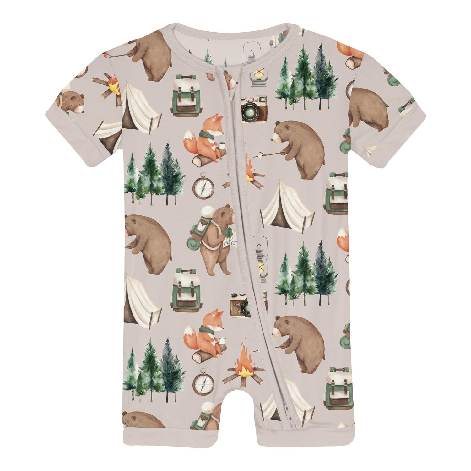 Print Shorty Sleeper with Zipper in Latte Camping Animals (359965)