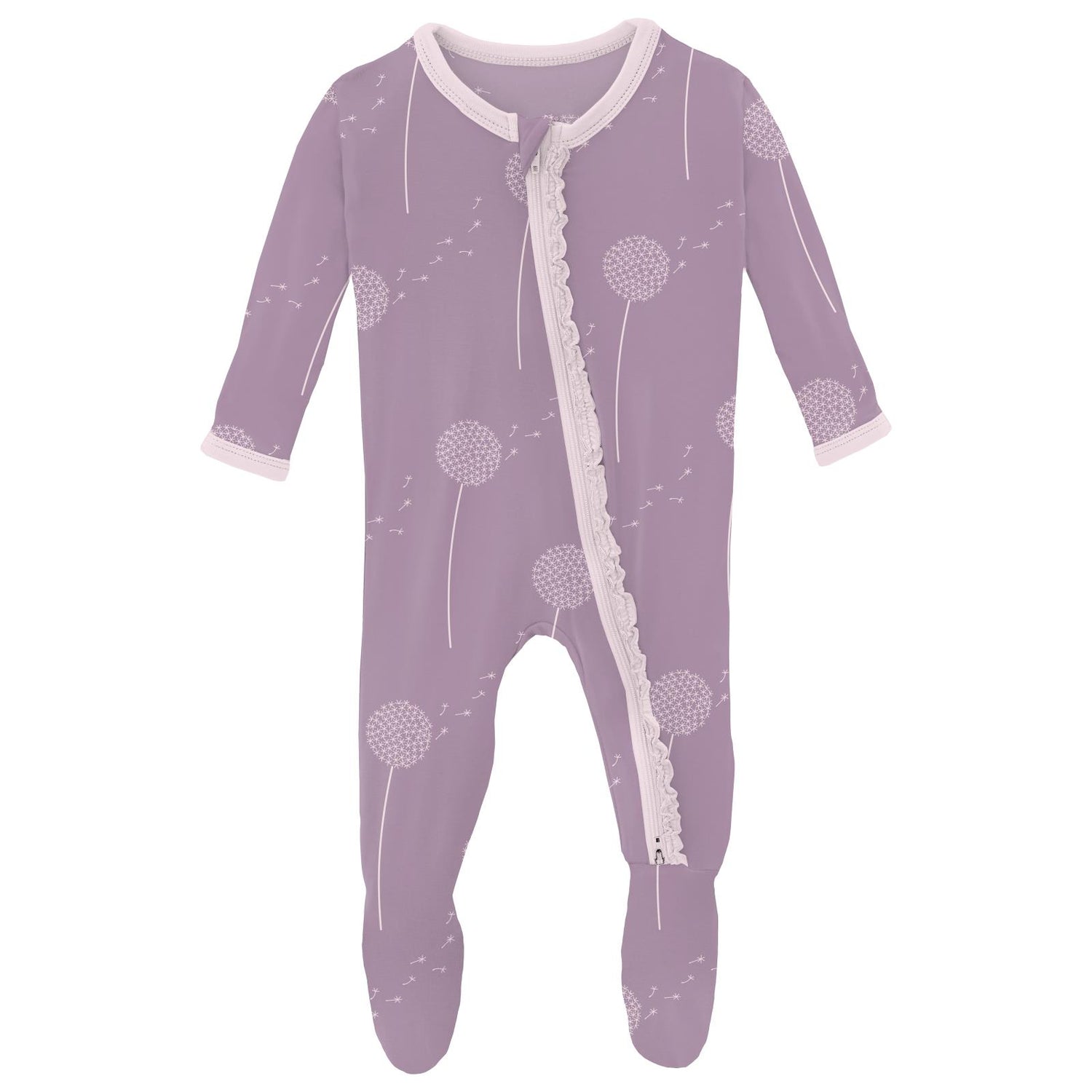 Print Muffin Ruffle Footie with 2 Way Zipper in Lavender Dandelion Wish (359975)