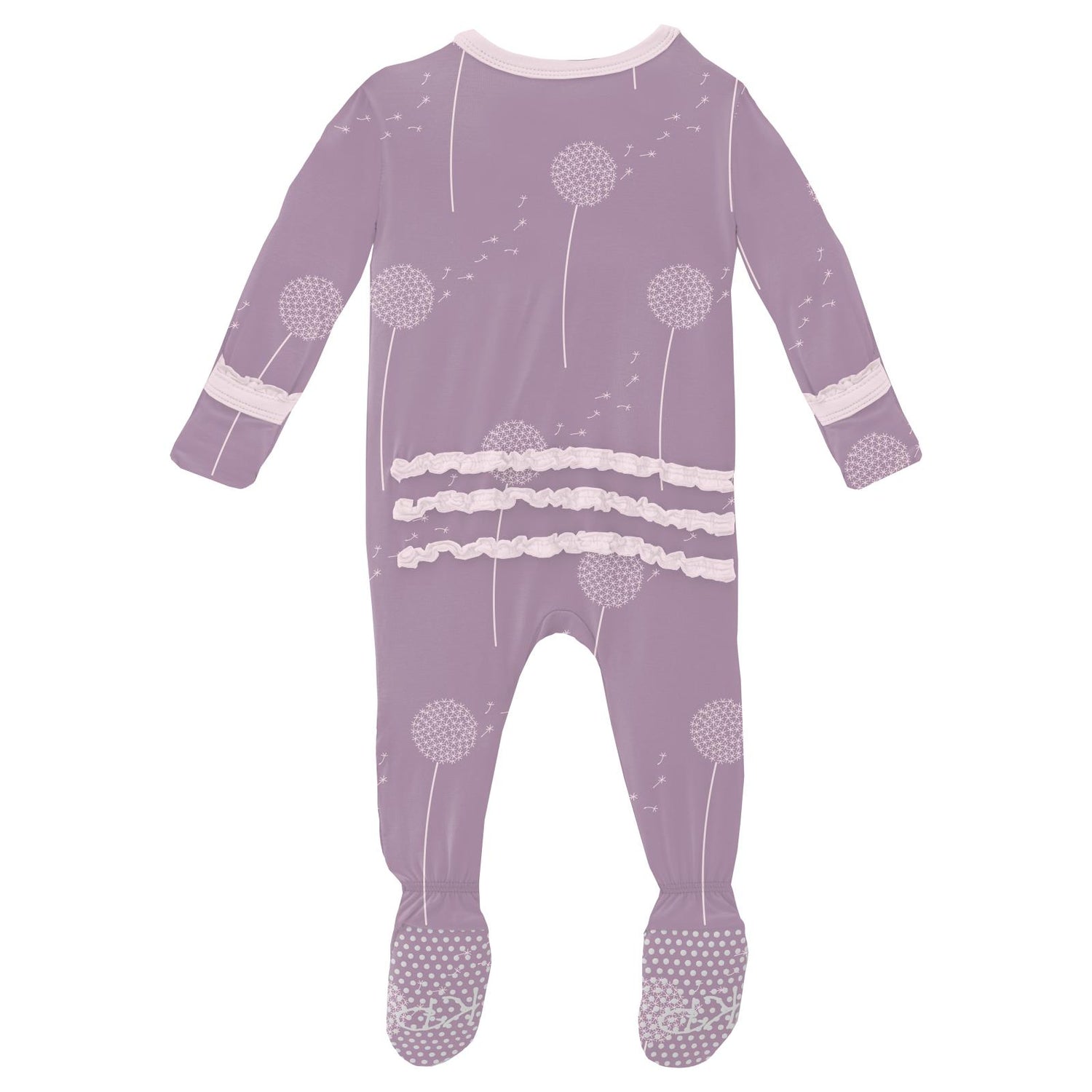Print Muffin Ruffle Footie with 2 Way Zipper in Lavender Dandelion Wish (359973)