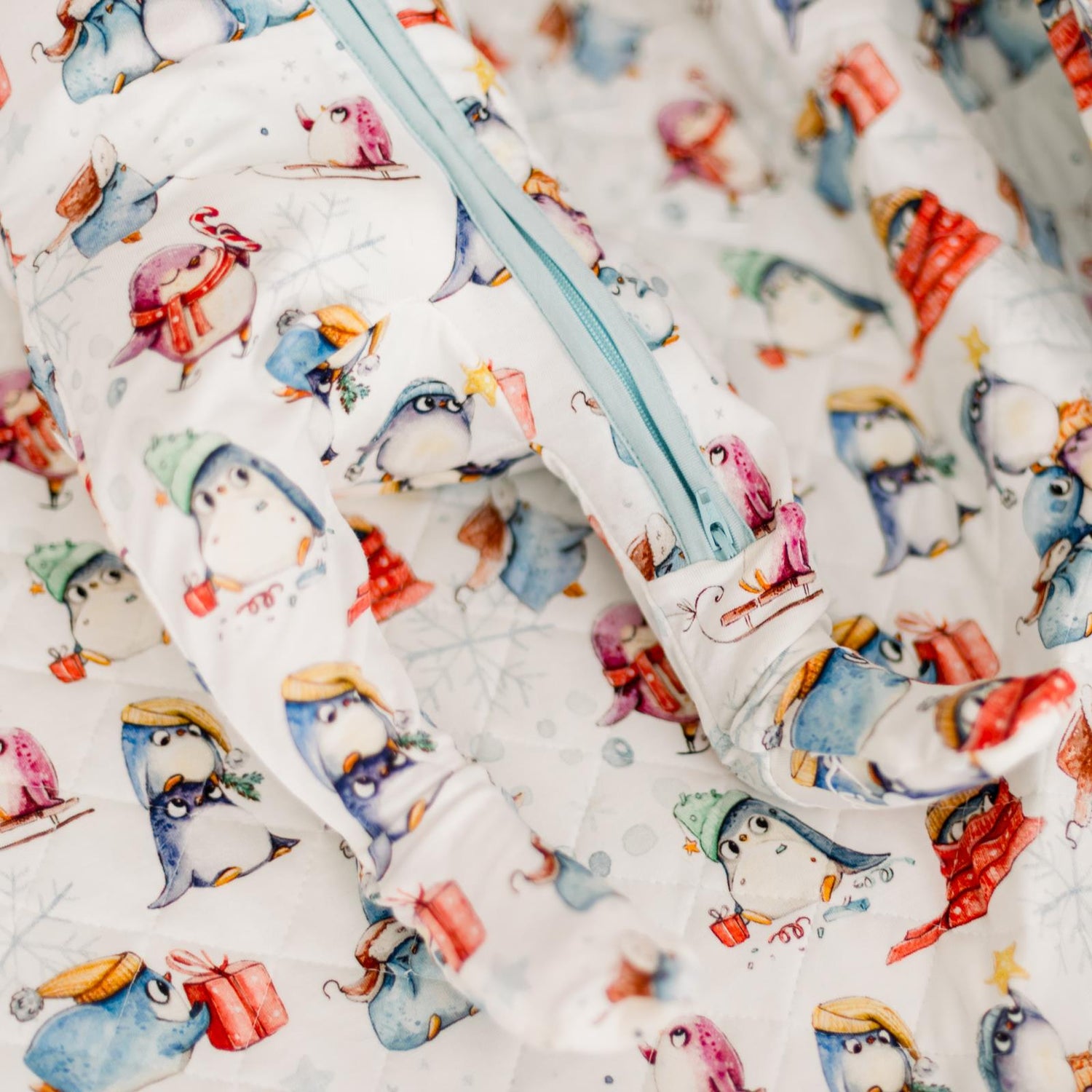 Print Footie with 2 Way Zipper in Natural Silly Penguins (366538)